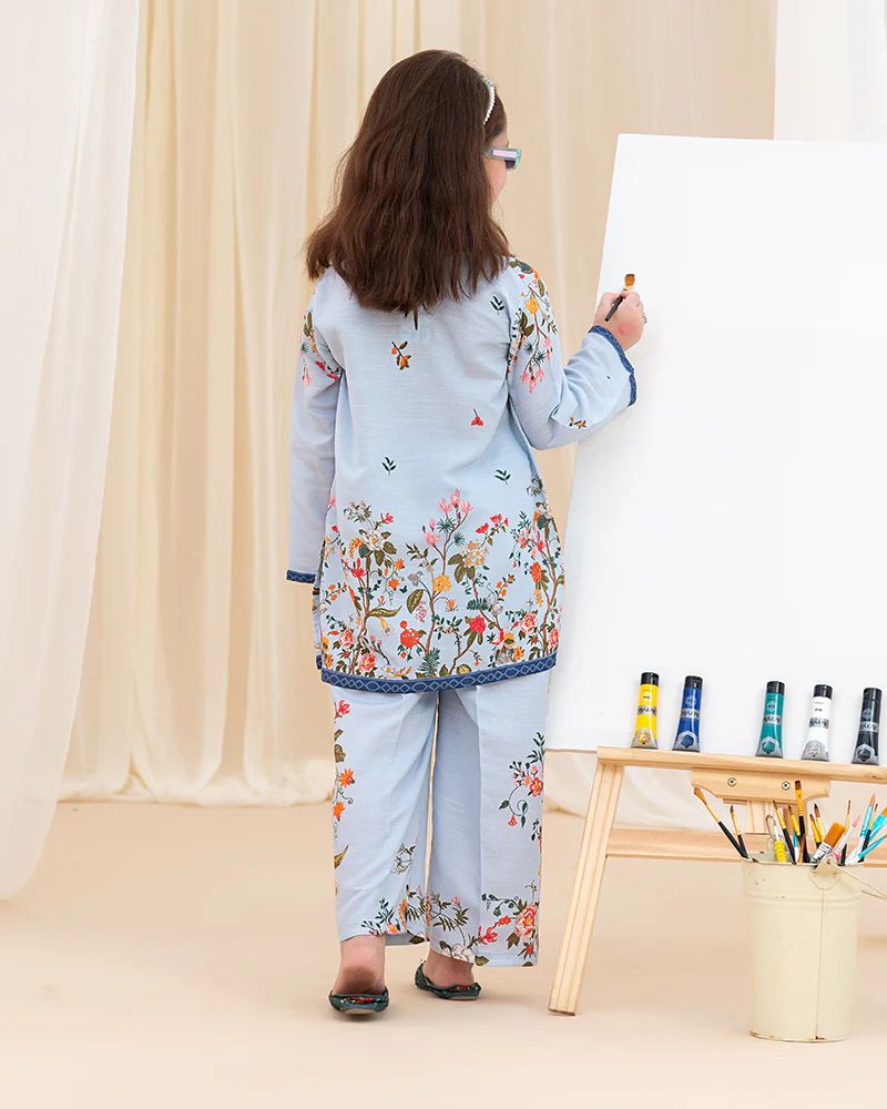 Mona Pretty Prints Girls 2pc Poly Raw Silk Co-ord Set Light Blue Floral Printed KDDR6