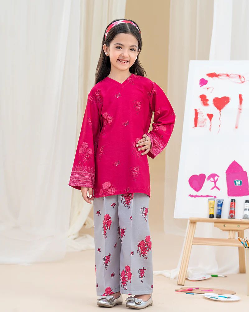 Mona Pretty Prints Girls 2pc Poly Raw Silk Co-ord Set Pink & Grey Printed KDDR7