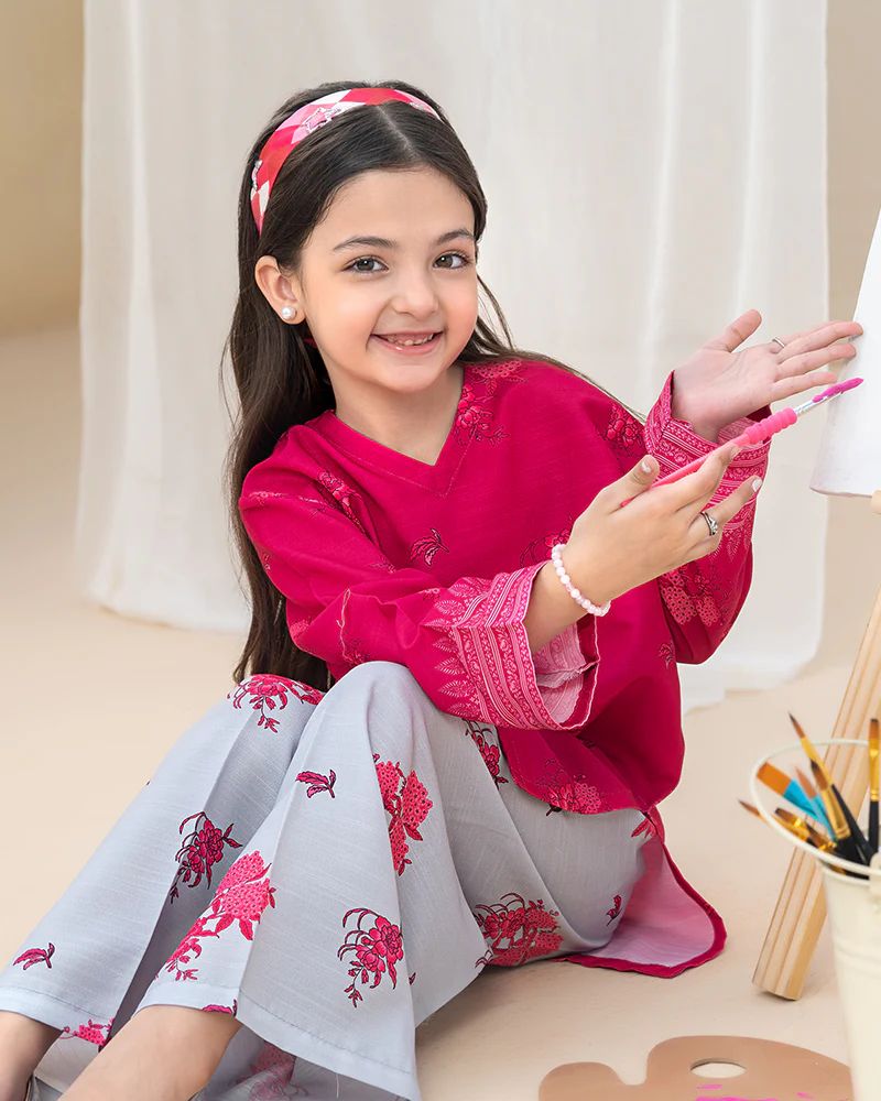 Mona Pretty Prints Girls 2pc Poly Raw Silk Co-ord Set Pink & Grey Printed KDDR7