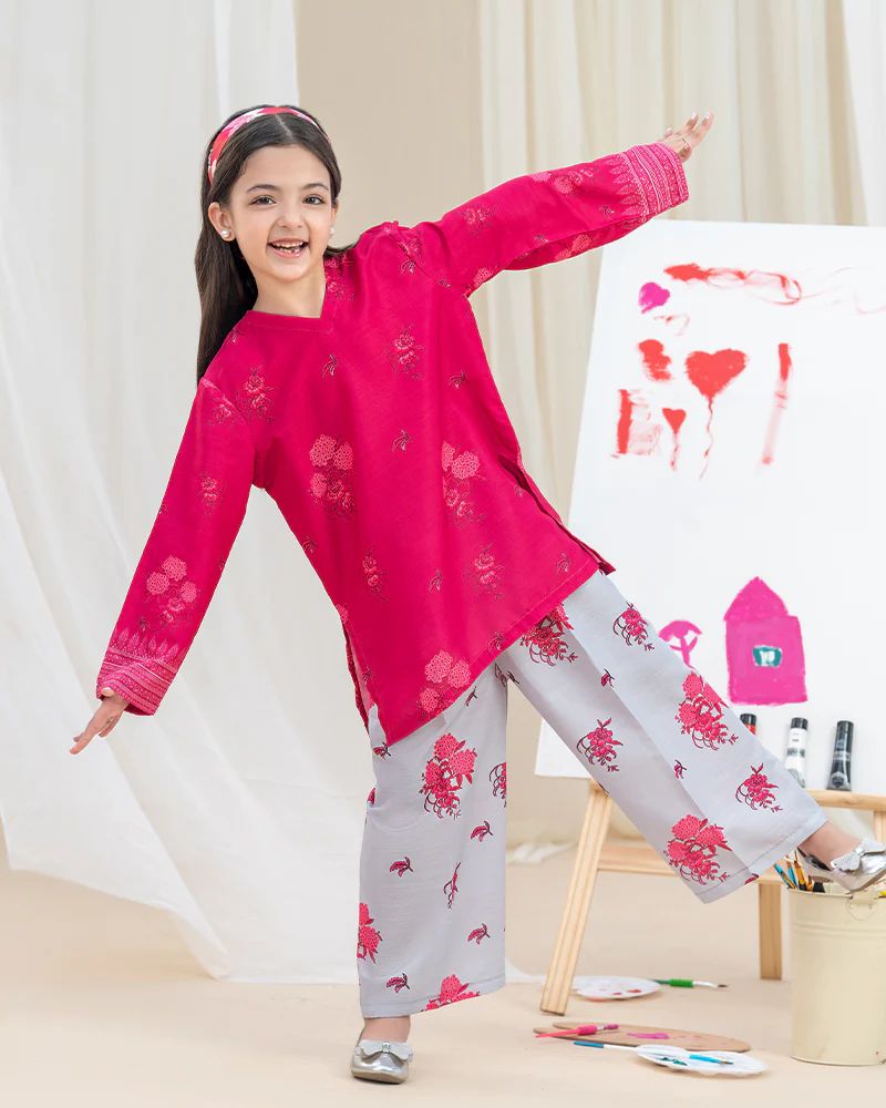 Mona Pretty Prints Girls 2pc Poly Raw Silk Co-ord Set Pink & Grey Printed KDDR7