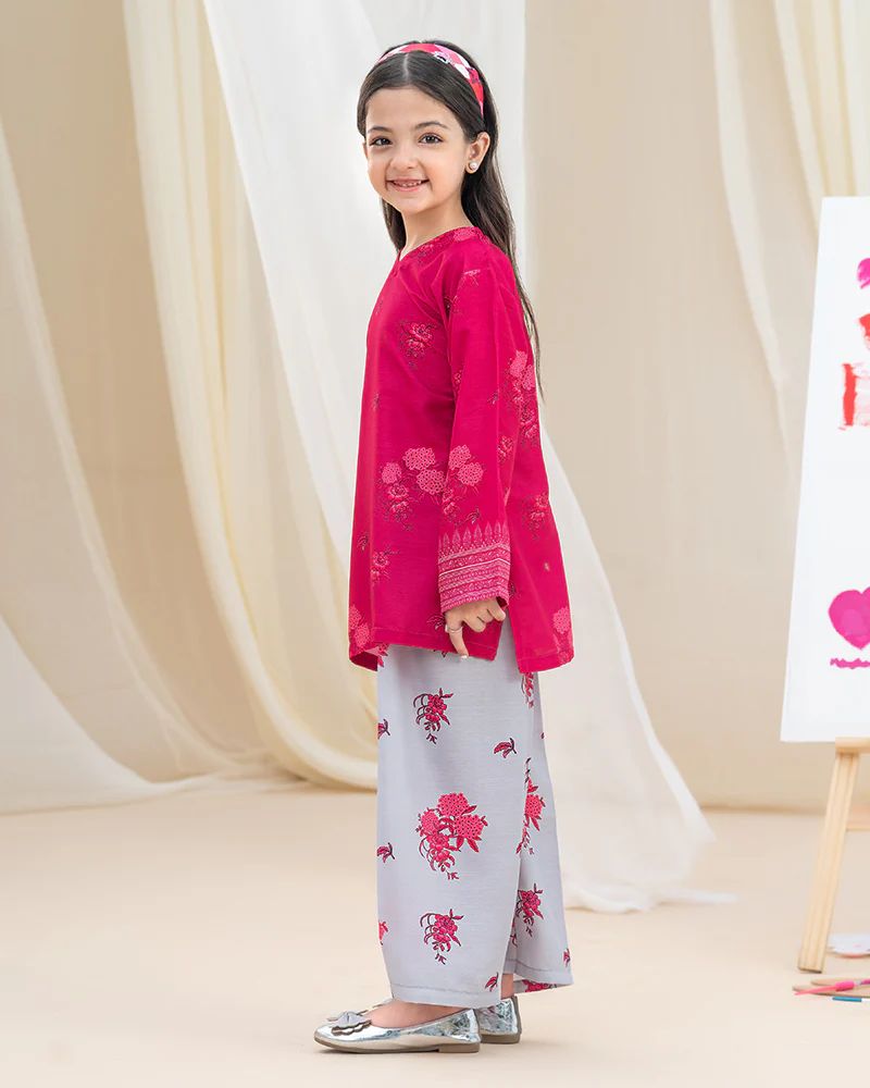 Mona Pretty Prints Girls 2pc Poly Raw Silk Co-ord Set Pink & Grey Printed KDDR7