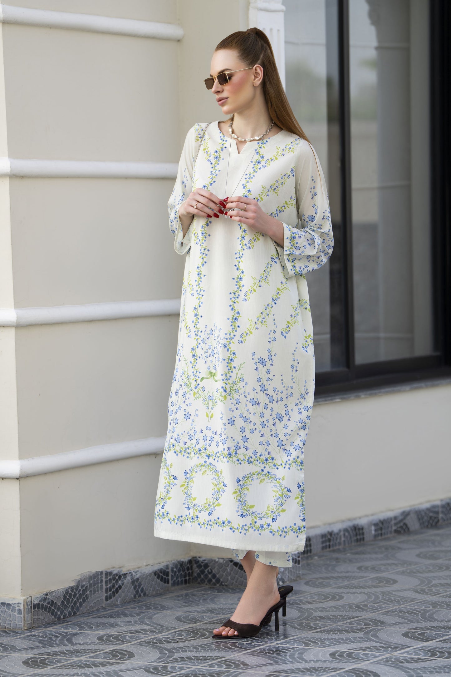 Sakeena Sheen Ivory Blue Floral Printed Poly Raw Silk 2pc Kaftan – SHH5