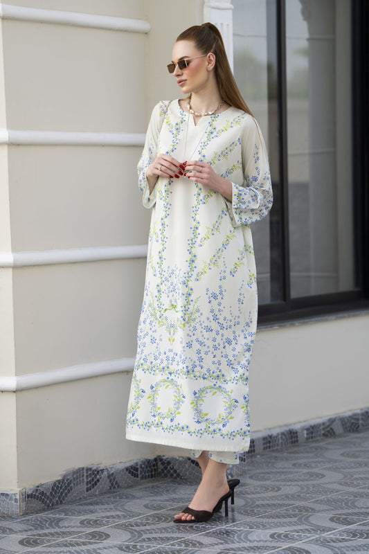 Sakeena Sheen Ivory Blue Floral Printed Poly Raw Silk 2pc Kaftan – SHH5
