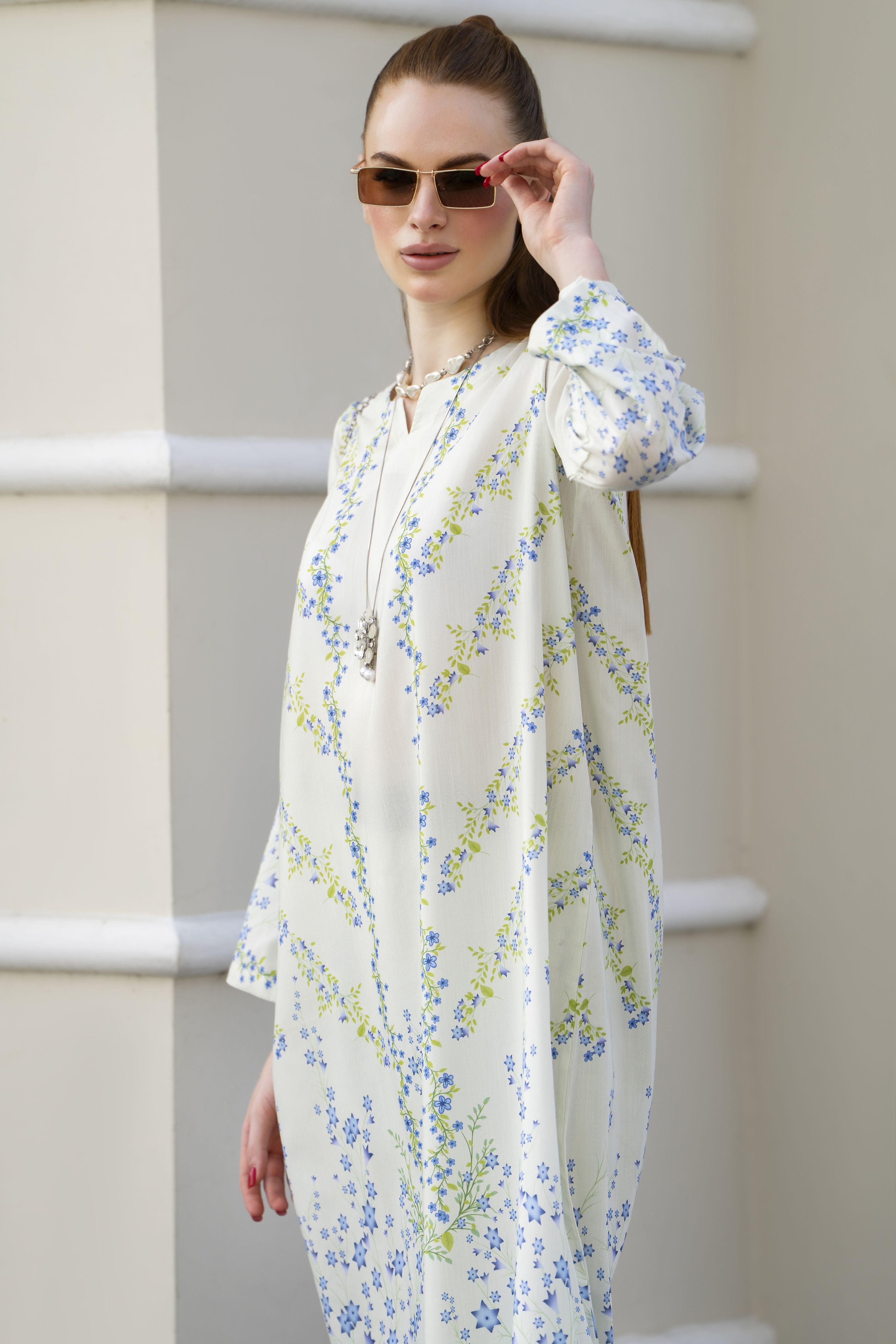 Sakeena Sheen Ivory Blue Floral Printed Poly Raw Silk 2pc Kaftan – SHH5