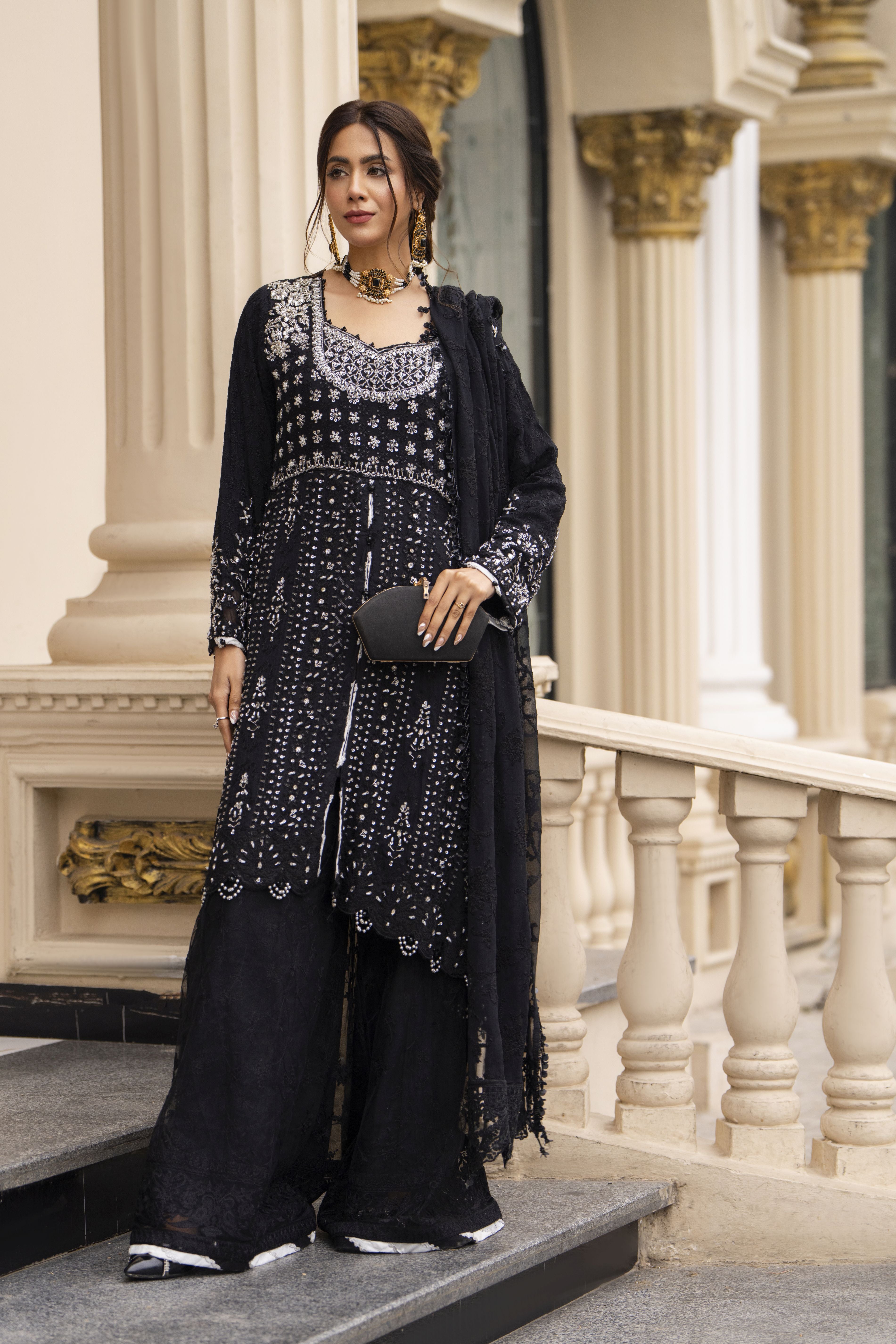 Zaiwaraat by Arwah Embroidered Black Chiffon Peplum with Net Wide-Leg Trousers ZWR02