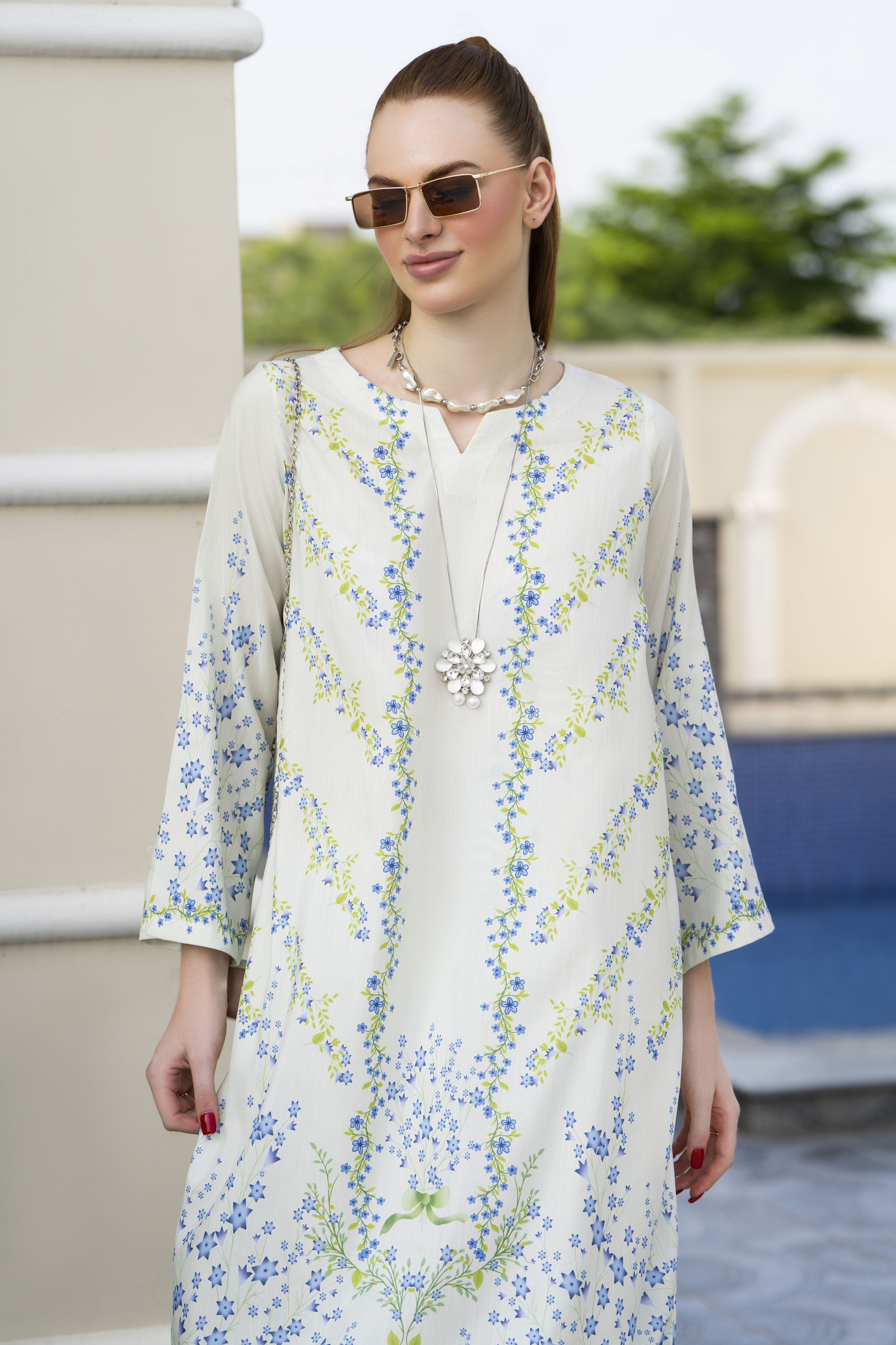 Sakeena Sheen Ivory Blue Floral Printed Poly Raw Silk 2pc Kaftan – SHH5