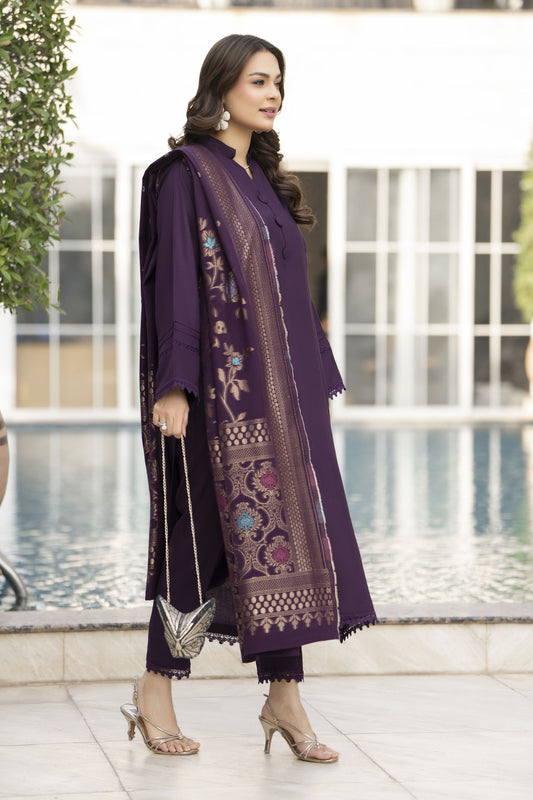 Purple Dhanak Long Dress with Multani Winter Shawl by Gul Warun GSR5