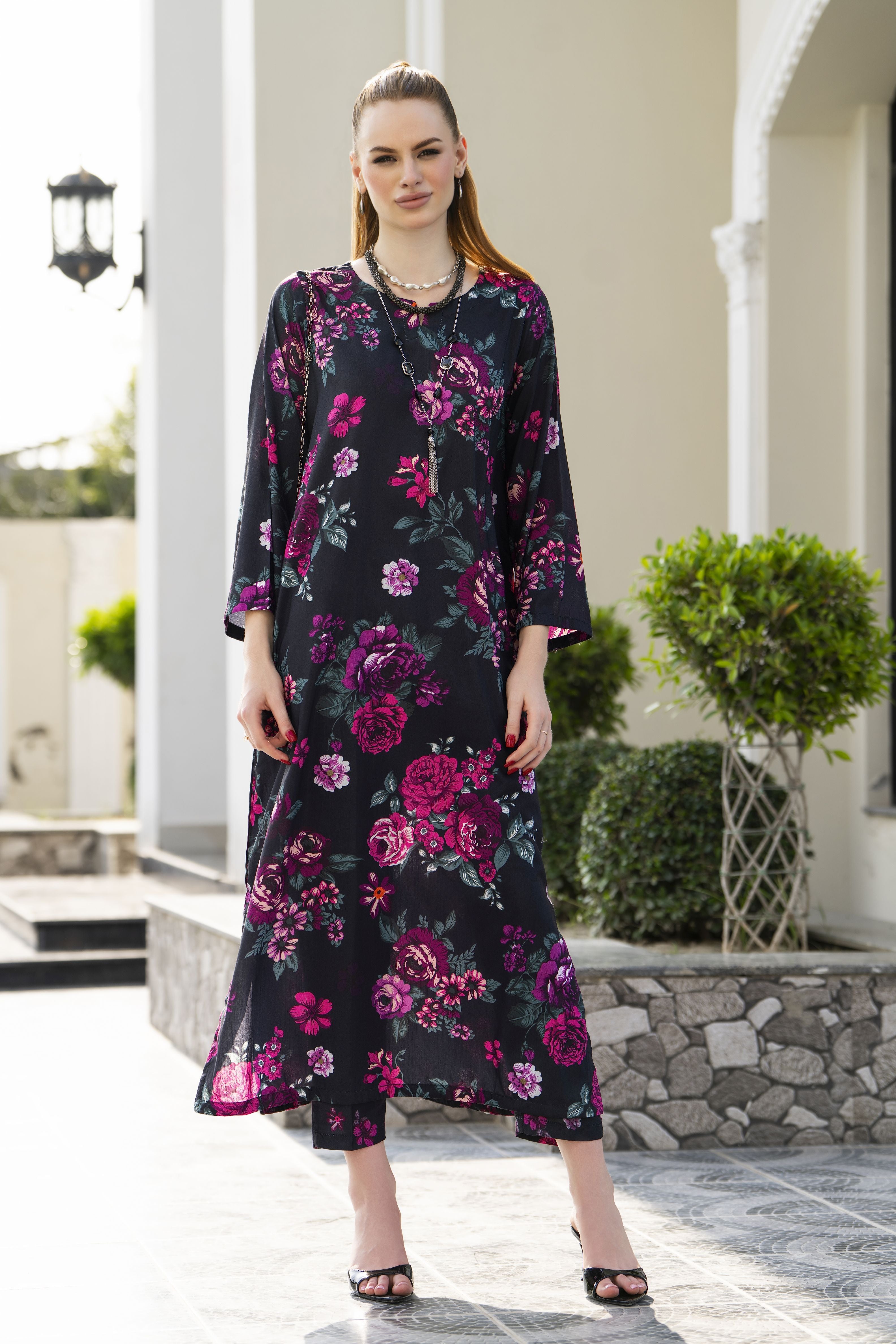 Sakeena Sheen Black & Magenta Floral Printed Poly Raw Silk 2pc Kaftan – SHH6