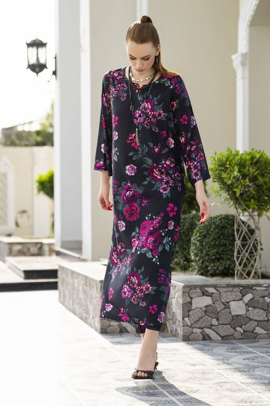 Sakeena Sheen Black & Magenta Floral Printed Poly Raw Silk 2pc Kaftan – SHH6