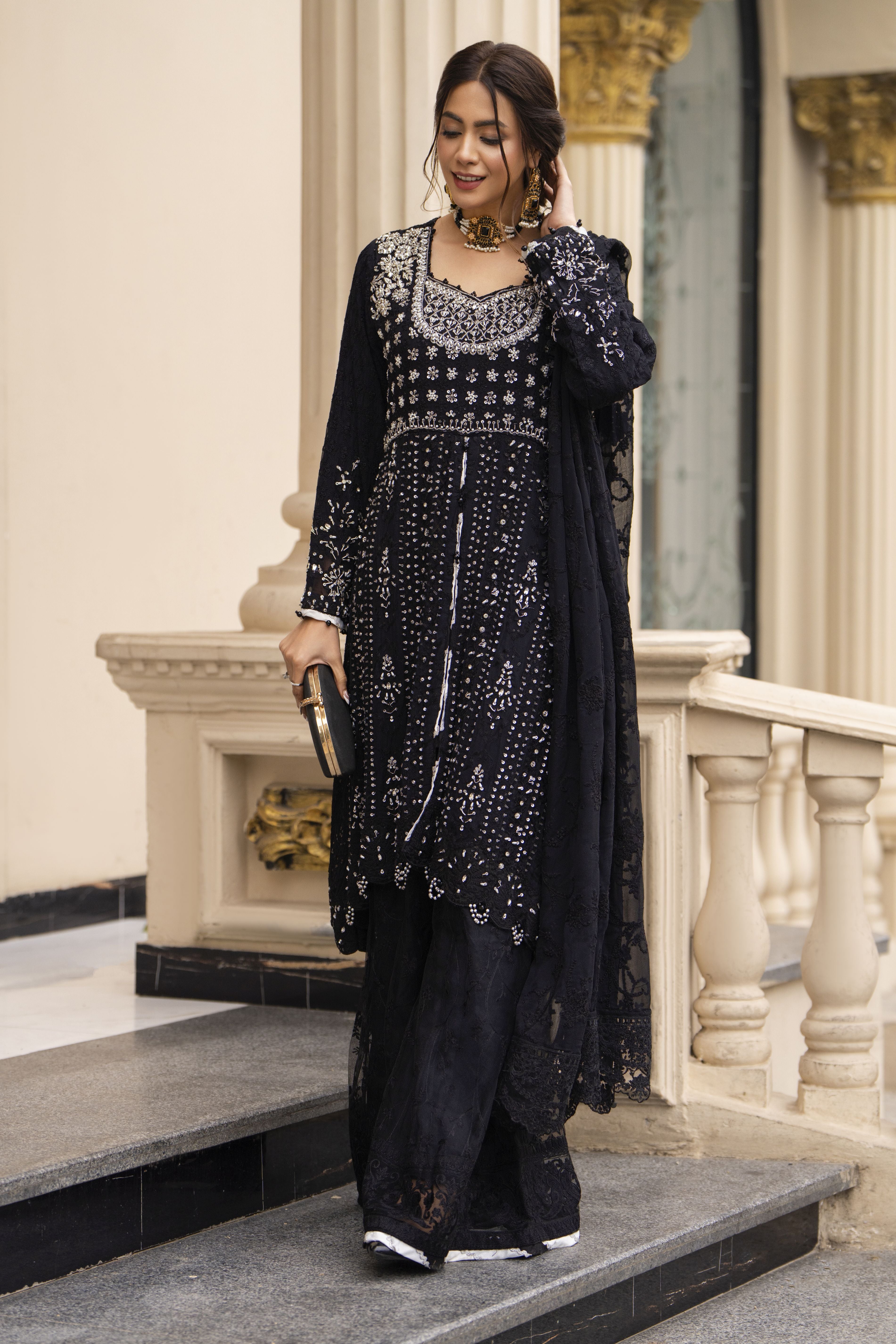 Zaiwaraat by Arwah Embroidered Black Chiffon Peplum with Net Wide-Leg Trousers ZWR02