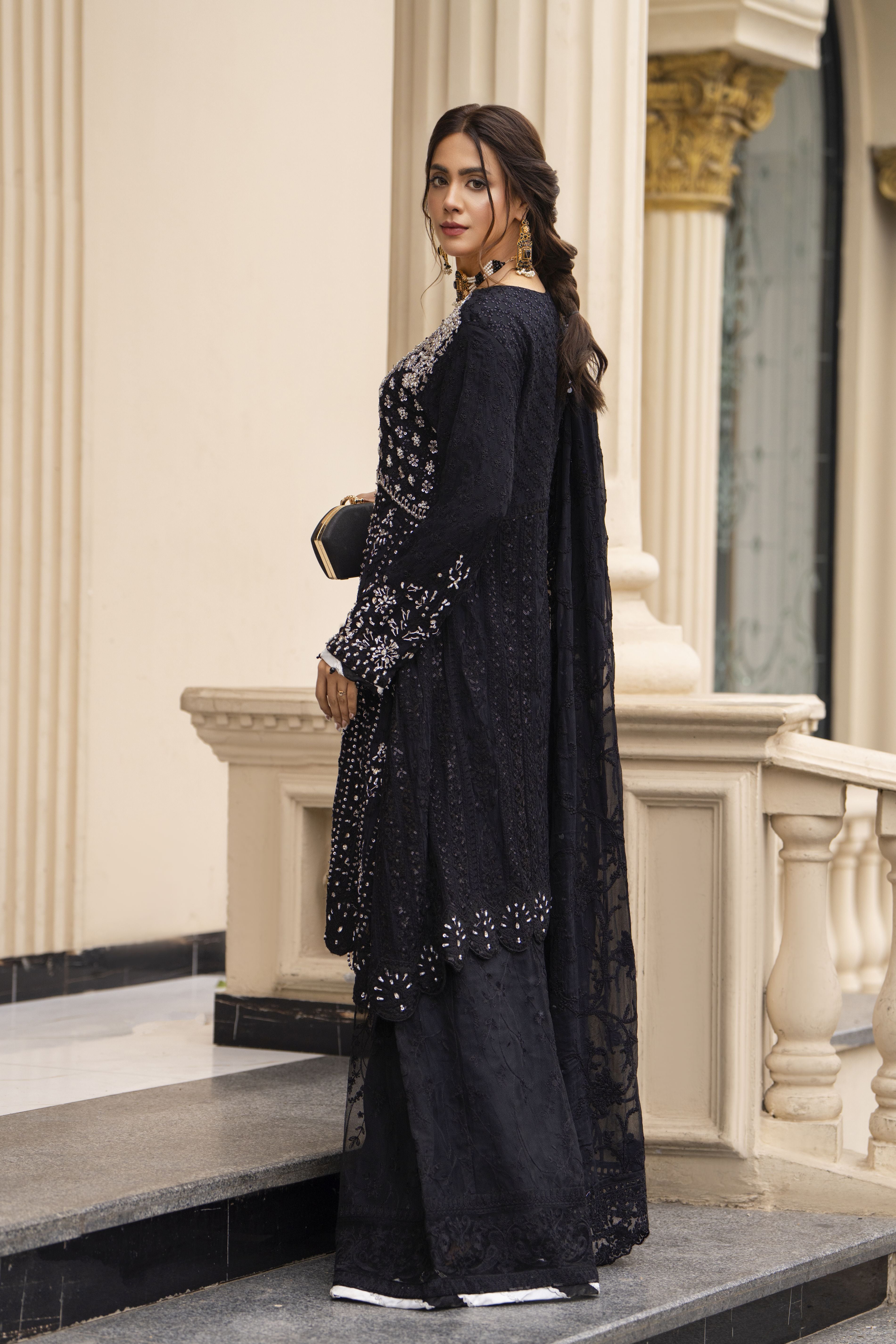 Zaiwaraat by Arwah Embroidered Black Chiffon Peplum with Net Wide-Leg Trousers ZWR02