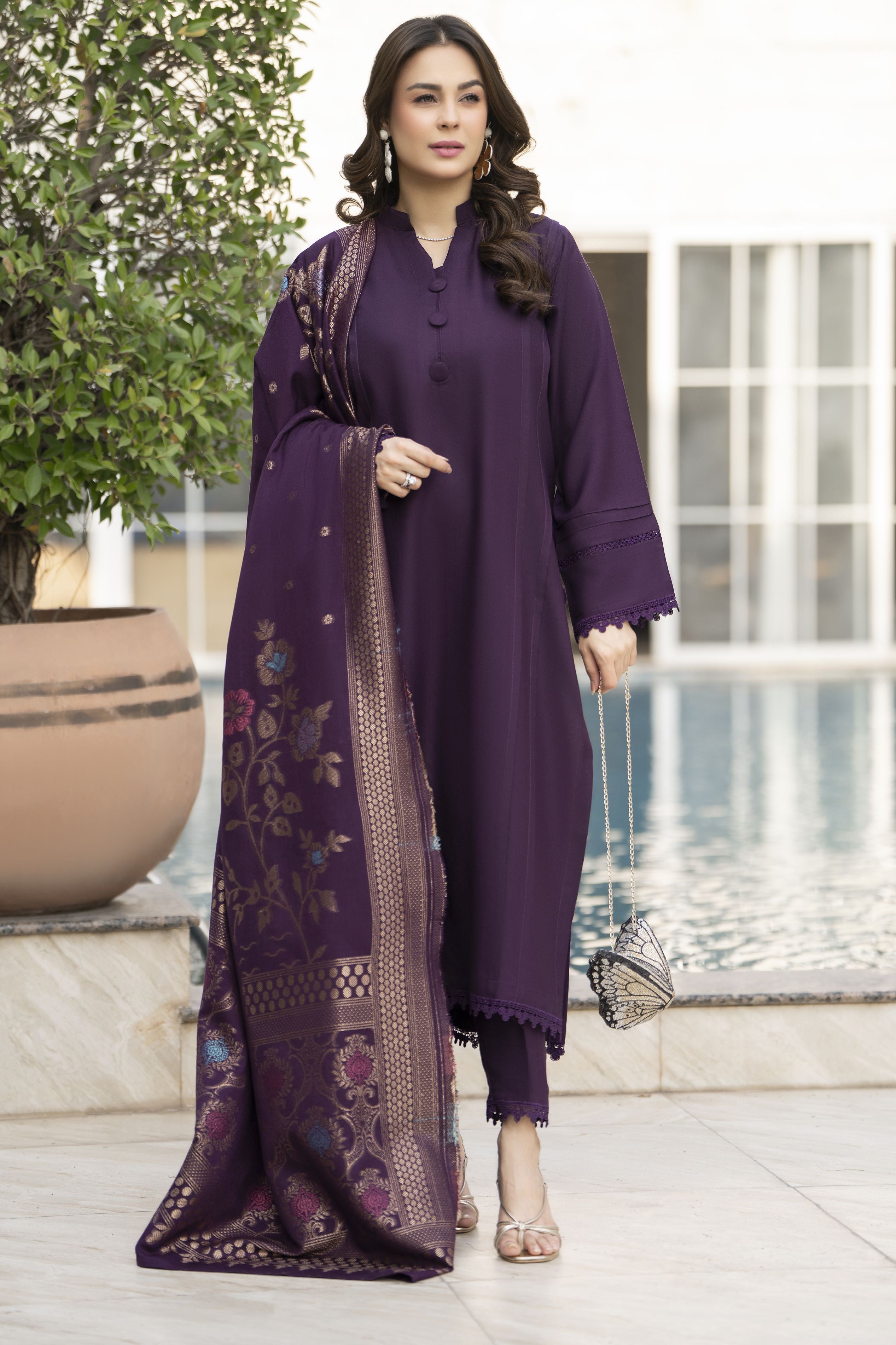 Purple Dhanak Long Dress with Multani Winter Shawl by Gul Warun GSR5