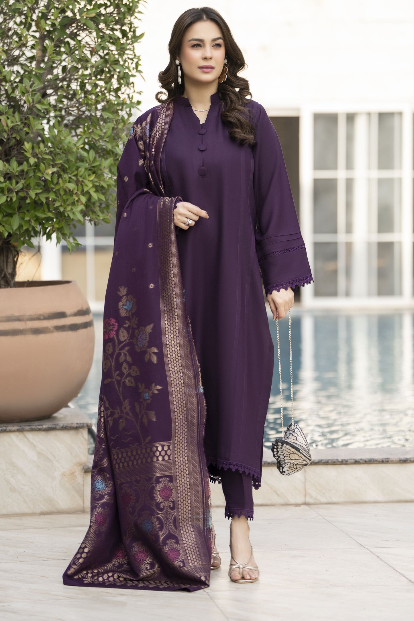 Purple Dhanak Long Dress with Multani Winter Shawl by Gul Warun GSR5