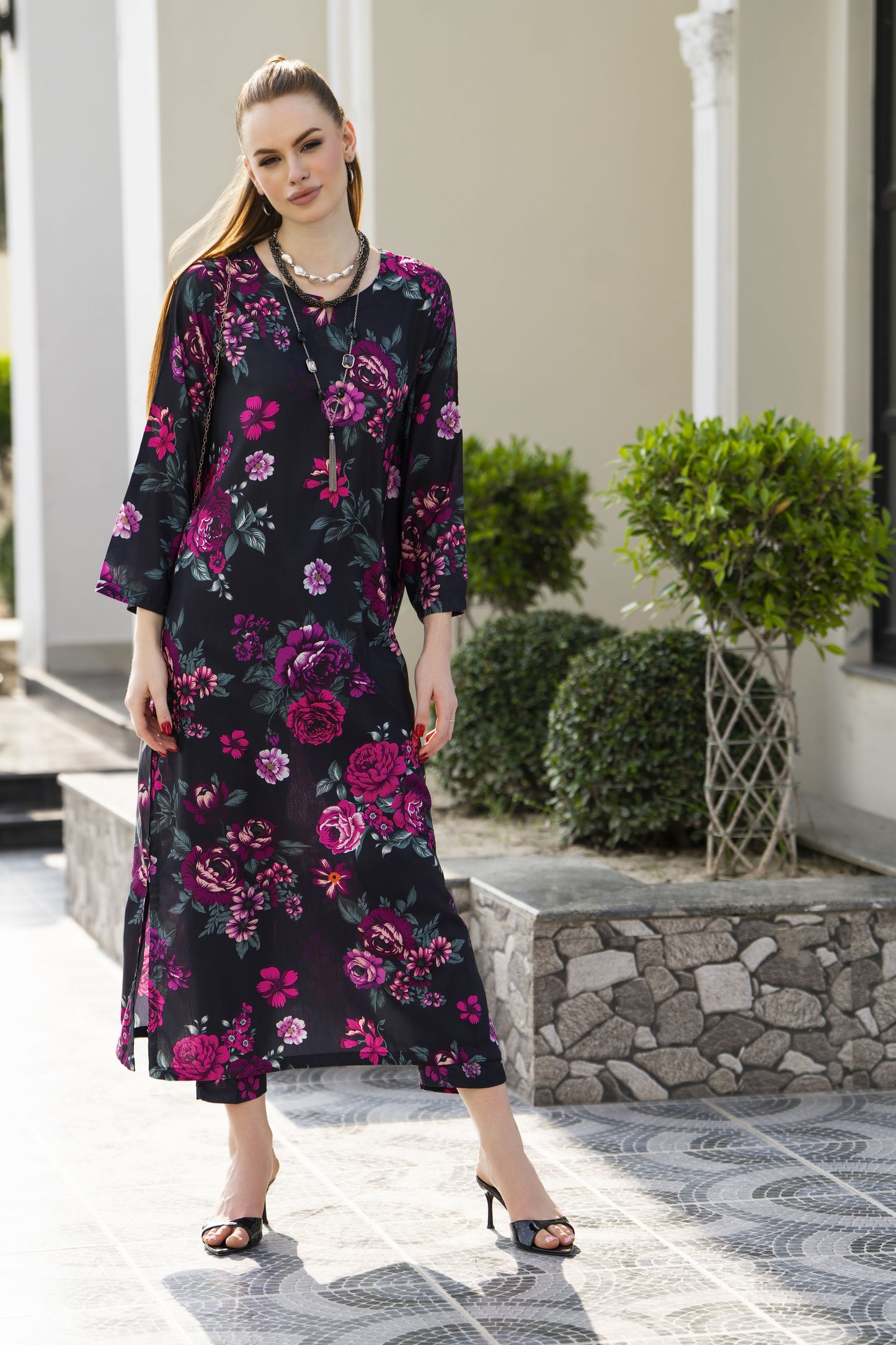 Sakeena Sheen Black & Magenta Floral Printed Poly Raw Silk 2pc Kaftan – SHH6