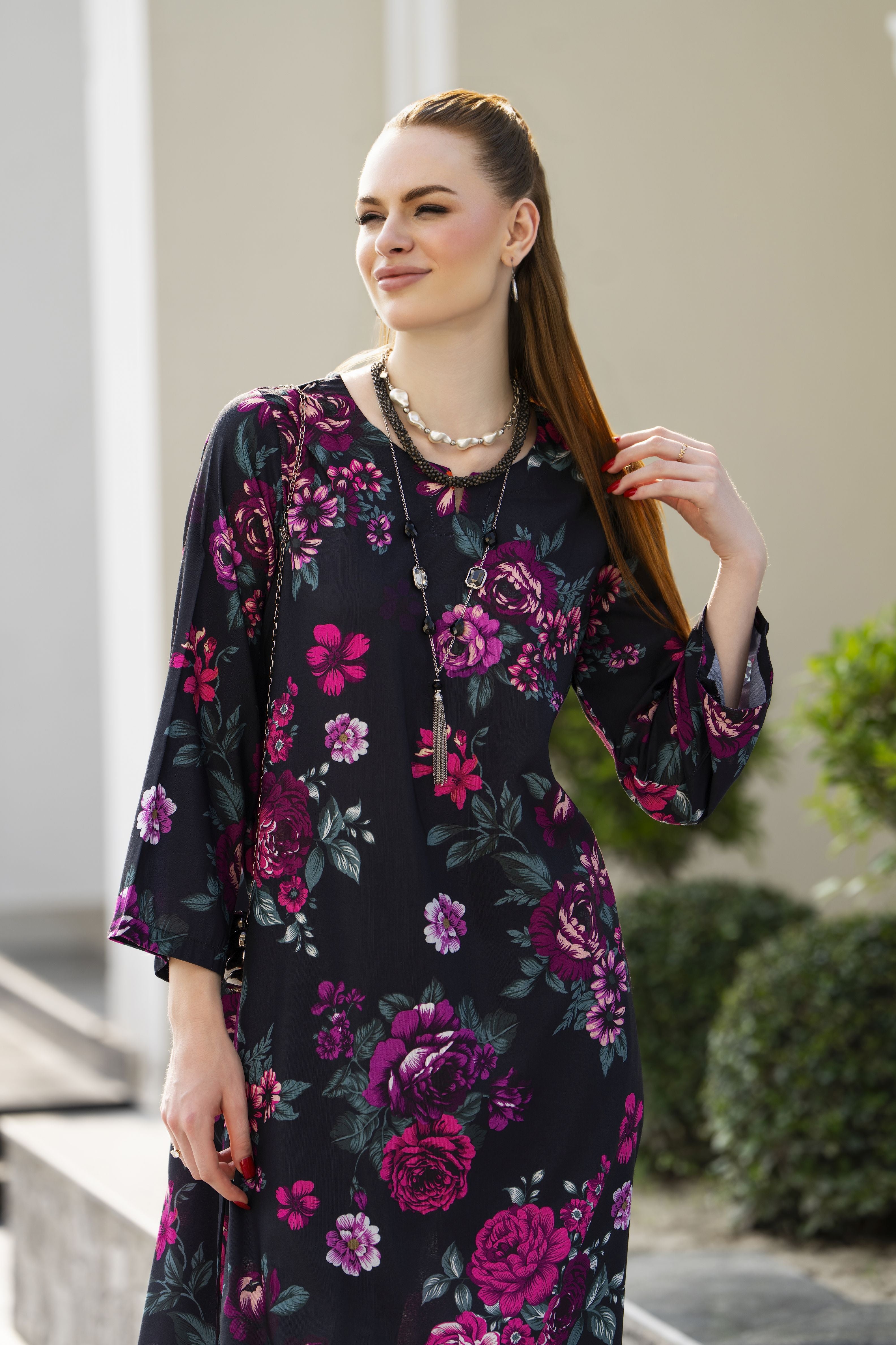 Sakeena Sheen Black & Magenta Floral Printed Poly Raw Silk 2pc Kaftan – SHH6