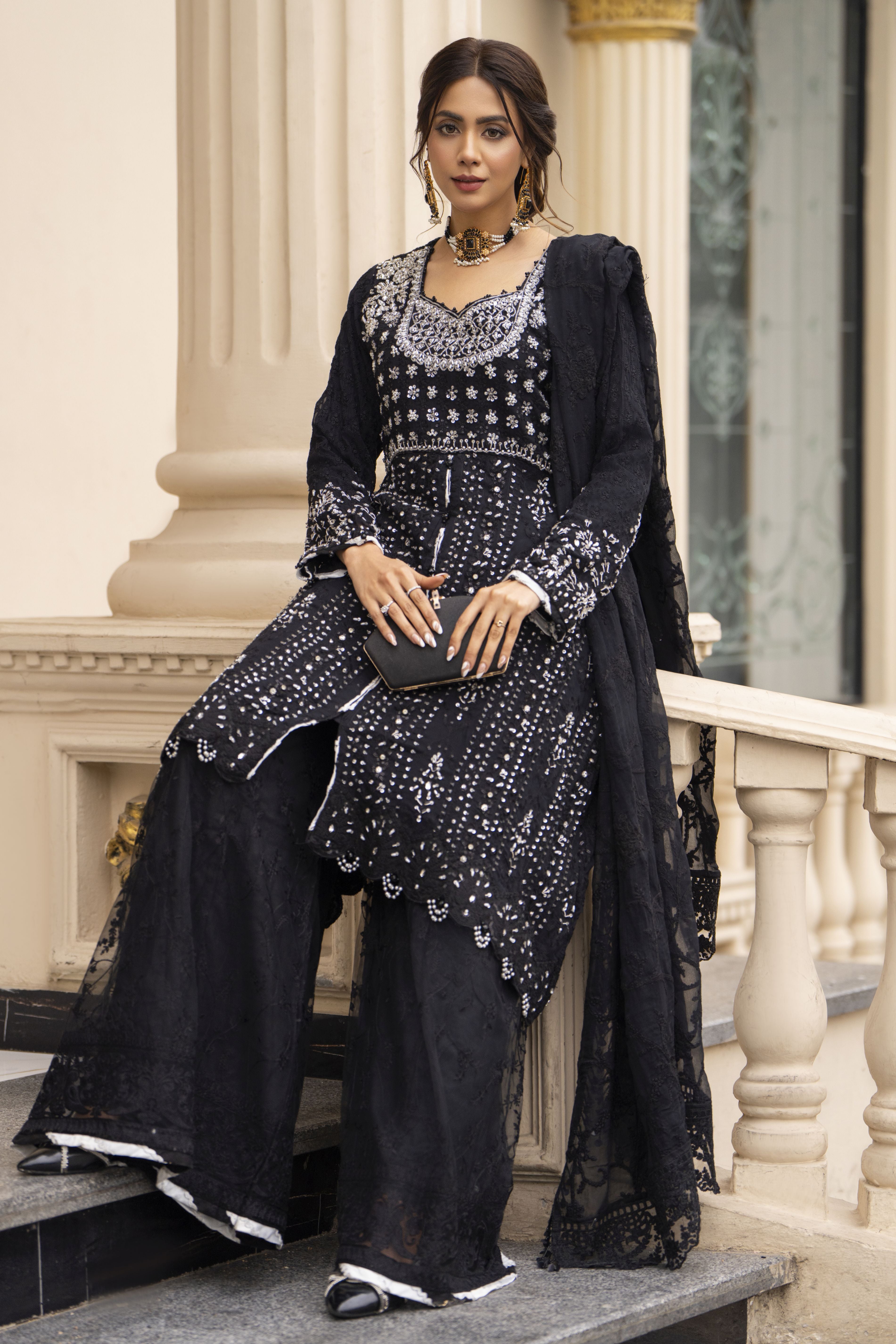 Zaiwaraat by Arwah Embroidered Black Chiffon Peplum with Net Wide-Leg Trousers ZWR02