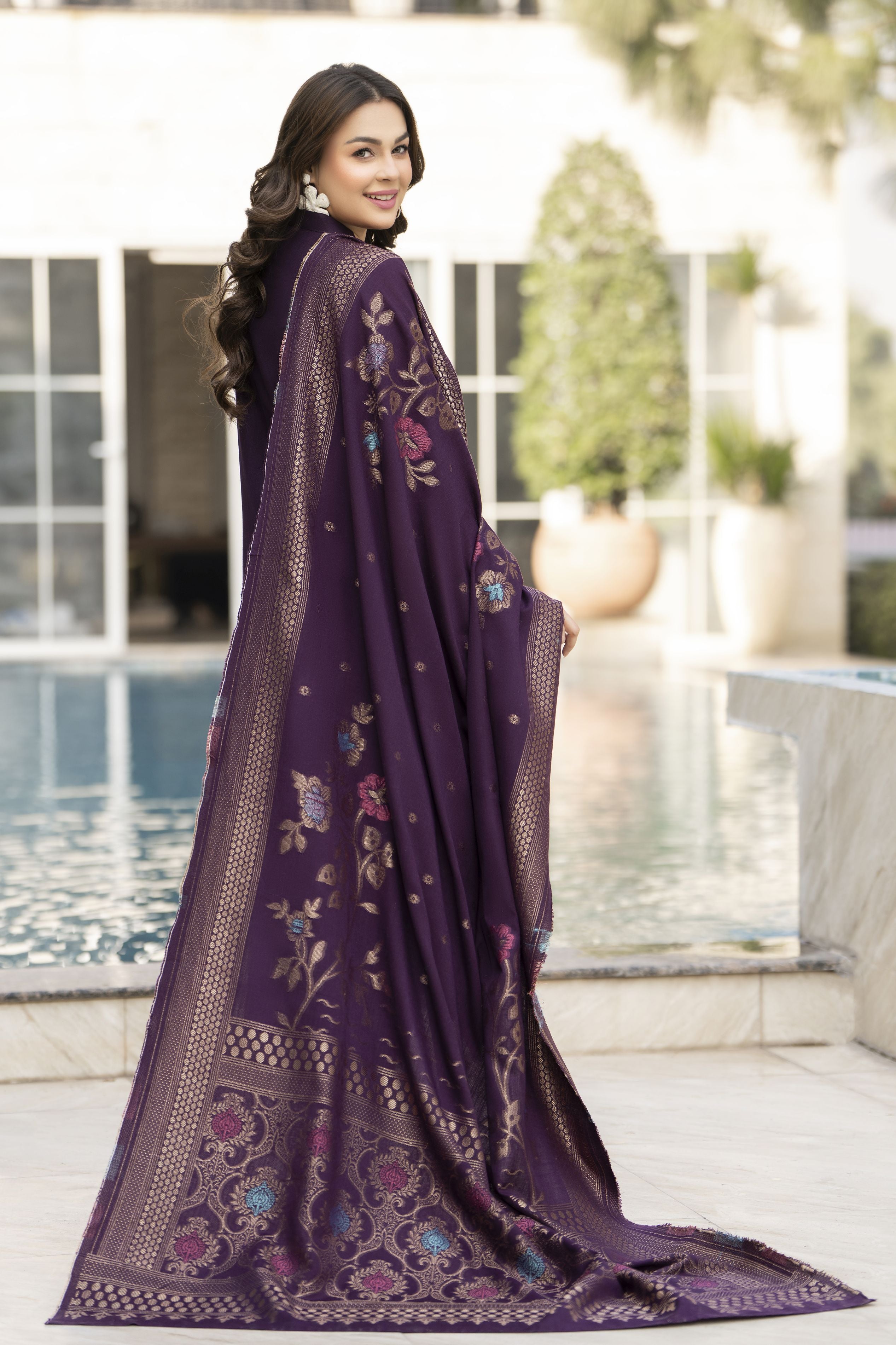 Purple Dhanak Long Dress with Multani Winter Shawl by Gul Warun GSR5