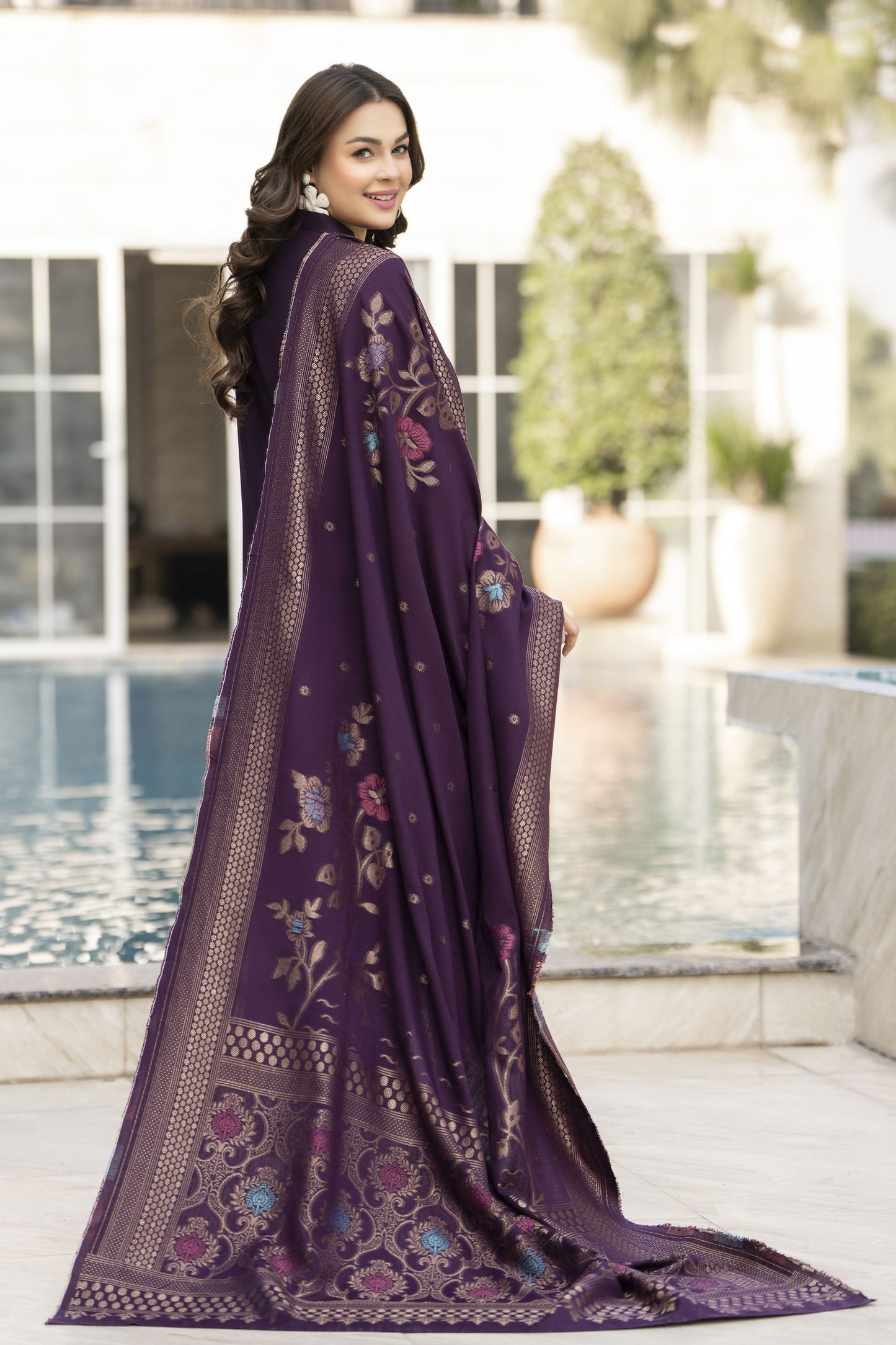 Purple Dhanak Long Dress with Multani Winter Shawl by Gul Warun GSR5