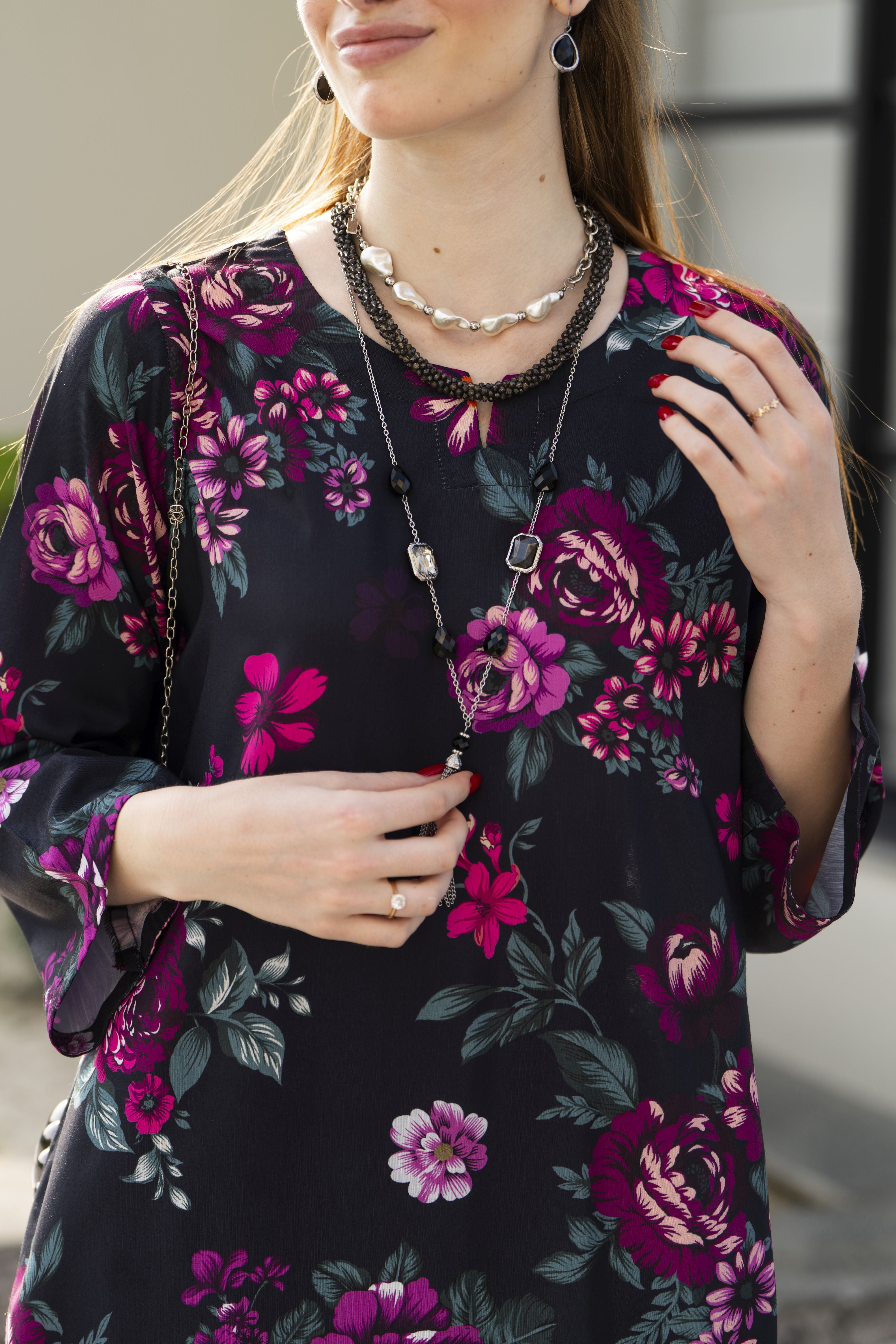 Sakeena Sheen Black & Magenta Floral Printed Poly Raw Silk 2pc Kaftan – SHH6