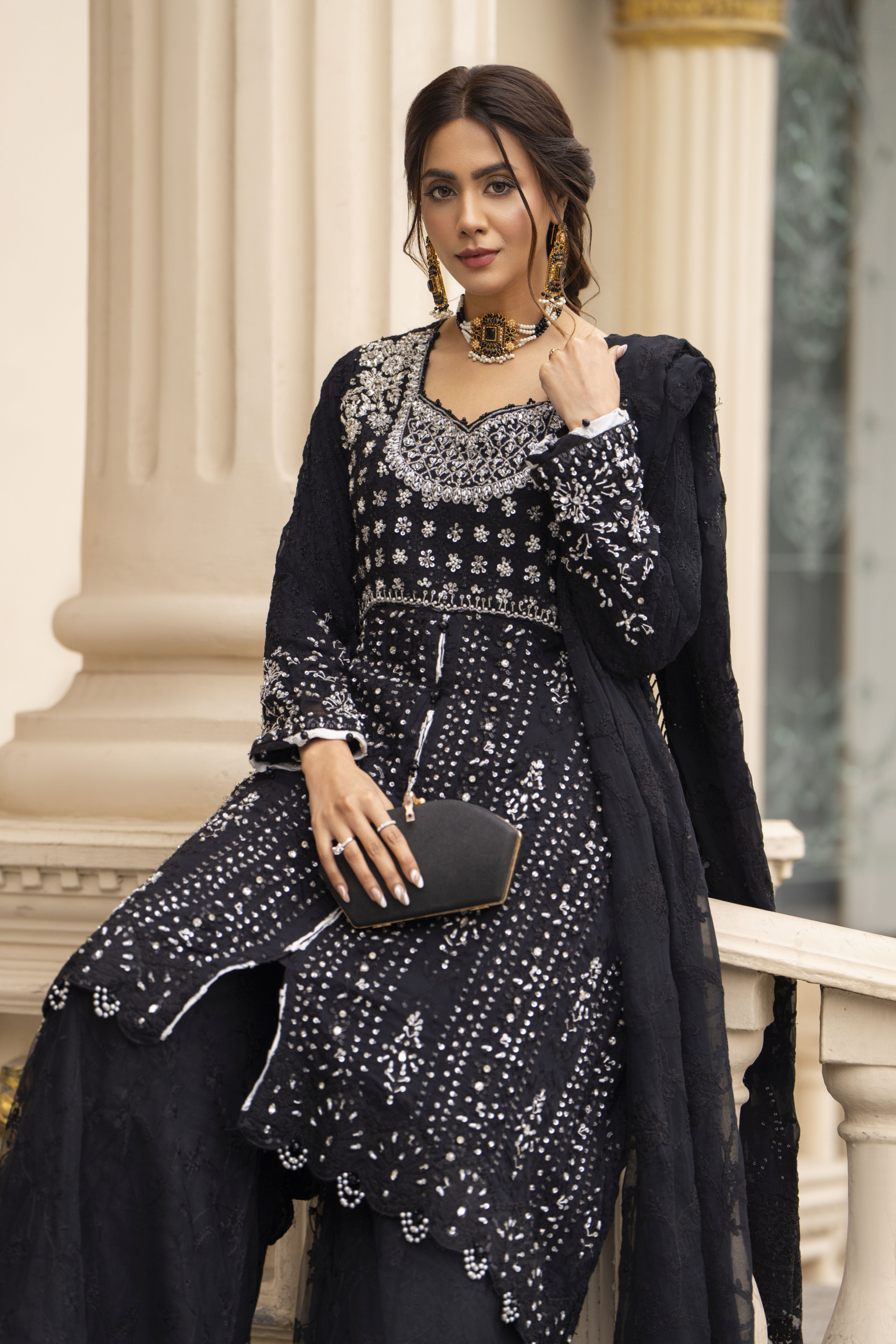 Zaiwaraat by Arwah Embroidered Black Chiffon Peplum with Net Wide-Leg Trousers ZWR02