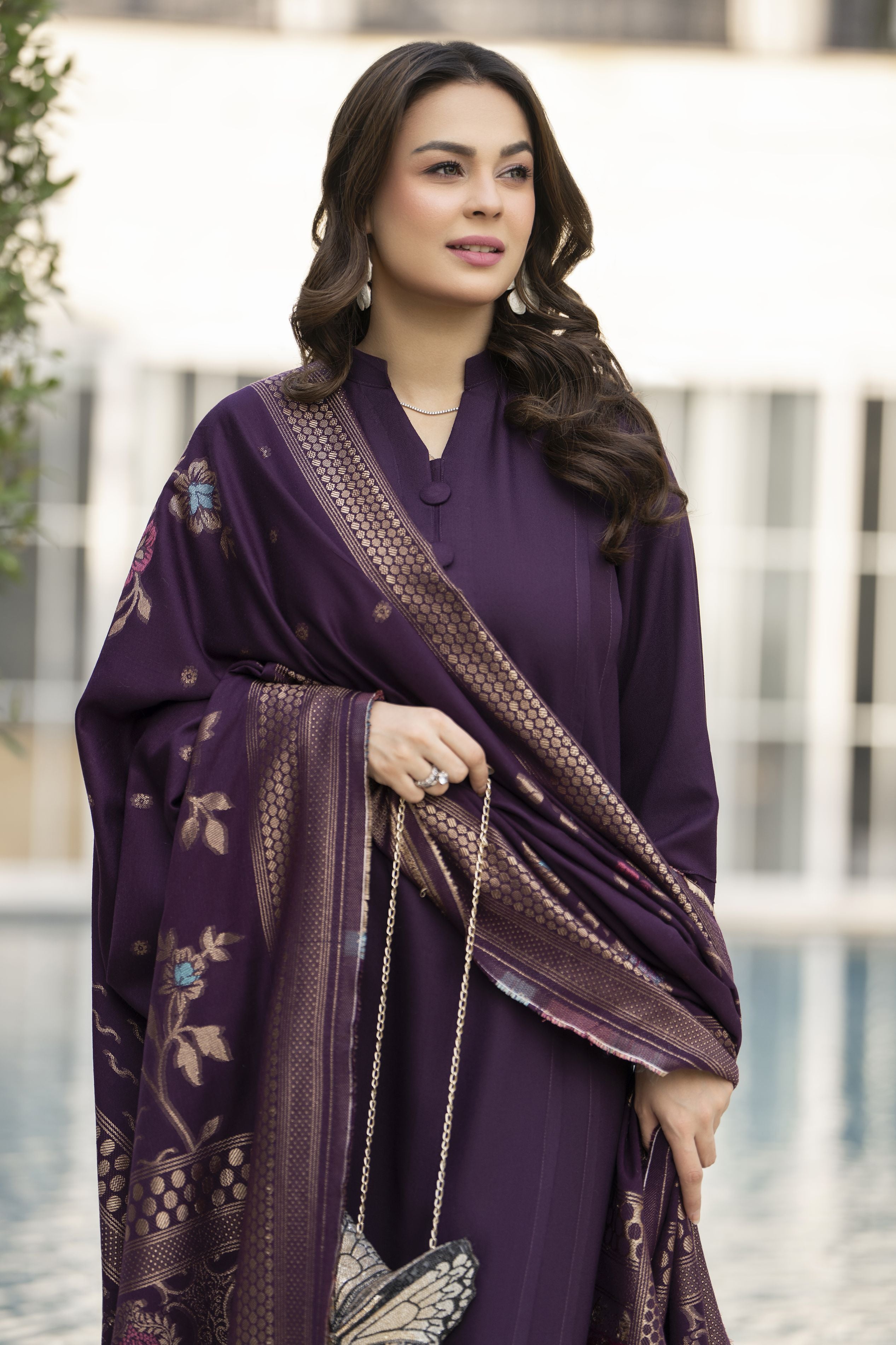 Purple Dhanak Long Dress with Multani Winter Shawl by Gul Warun GSR5