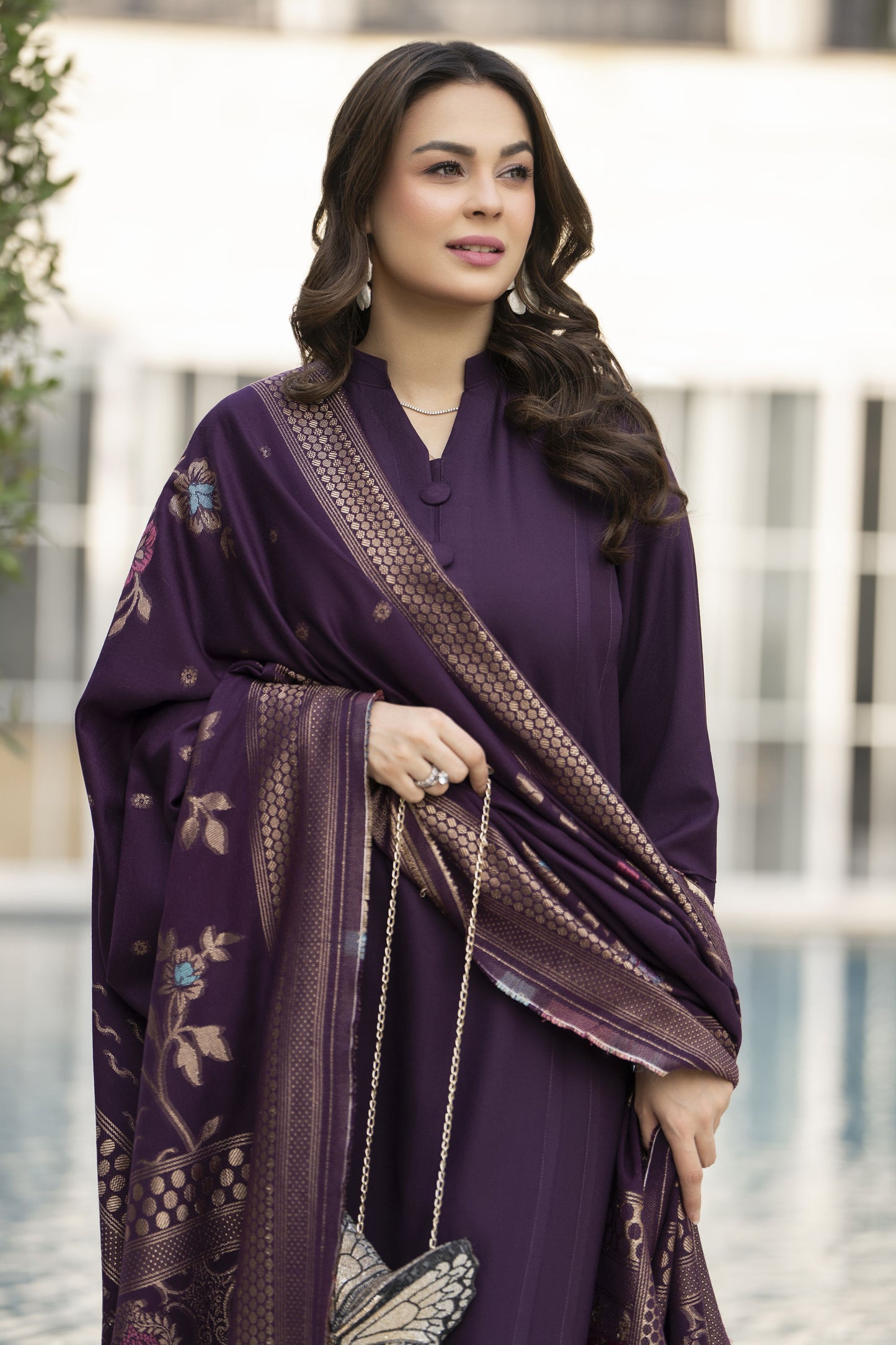 Purple Dhanak Long Dress with Multani Winter Shawl by Gul Warun GSR5