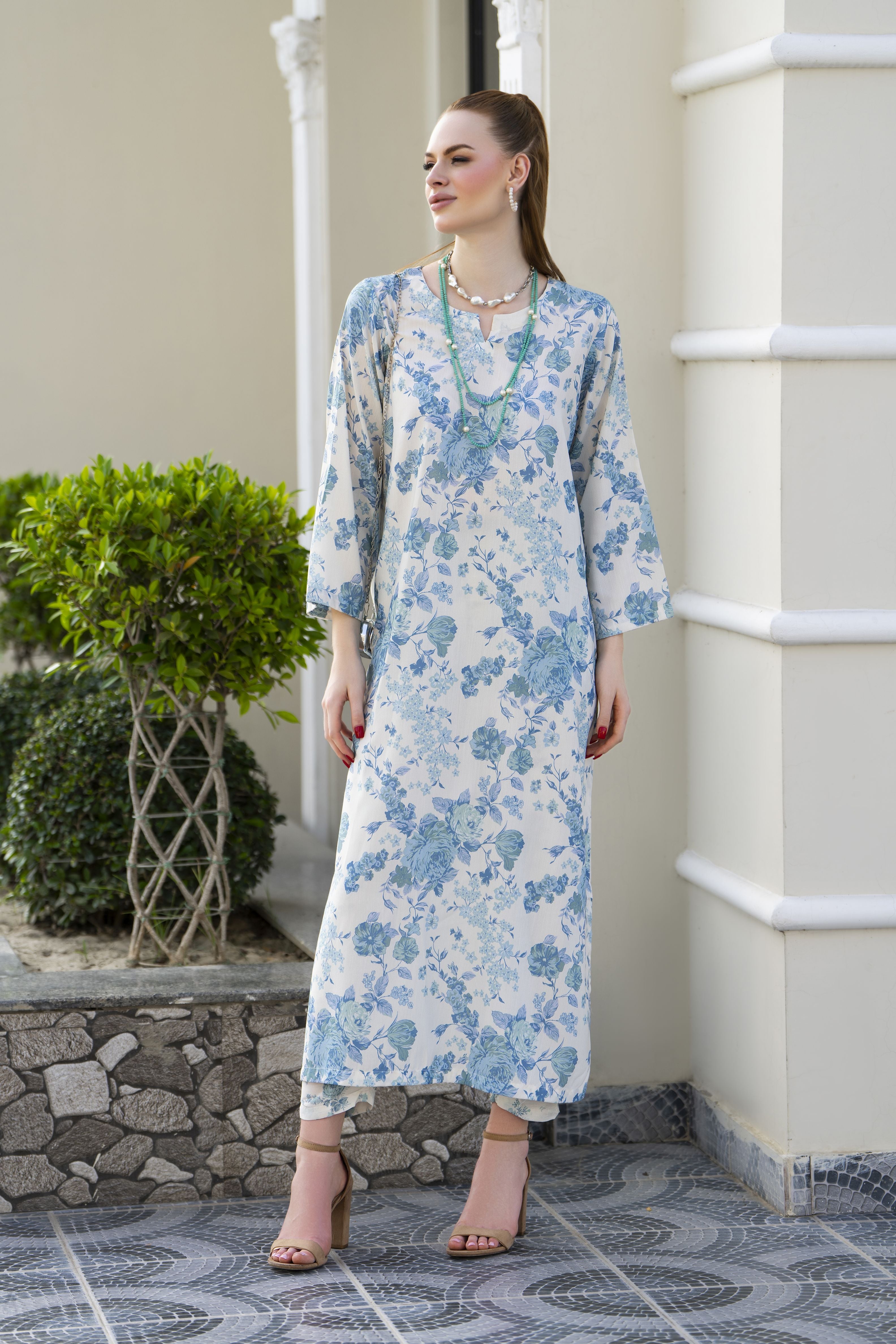 Sakeena Sheen Ivory & Blue Floral Printed Poly Raw Silk 2pc Kaftan – SHH2