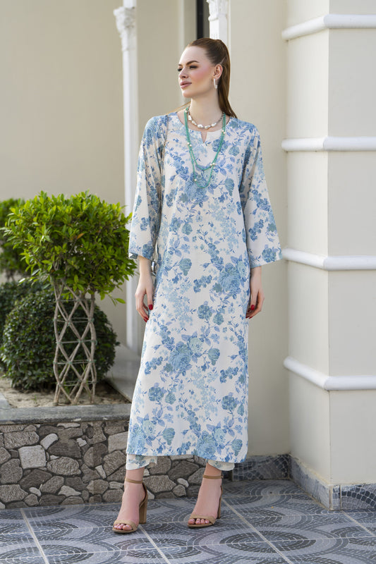 Sakeena Sheen Ivory & Blue Floral Printed Poly Raw Silk 2pc Kaftan – SHH2