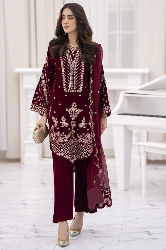 Makhmal by Gul Warun Maroon 3pc Velvet Embroidered Suit MBG10