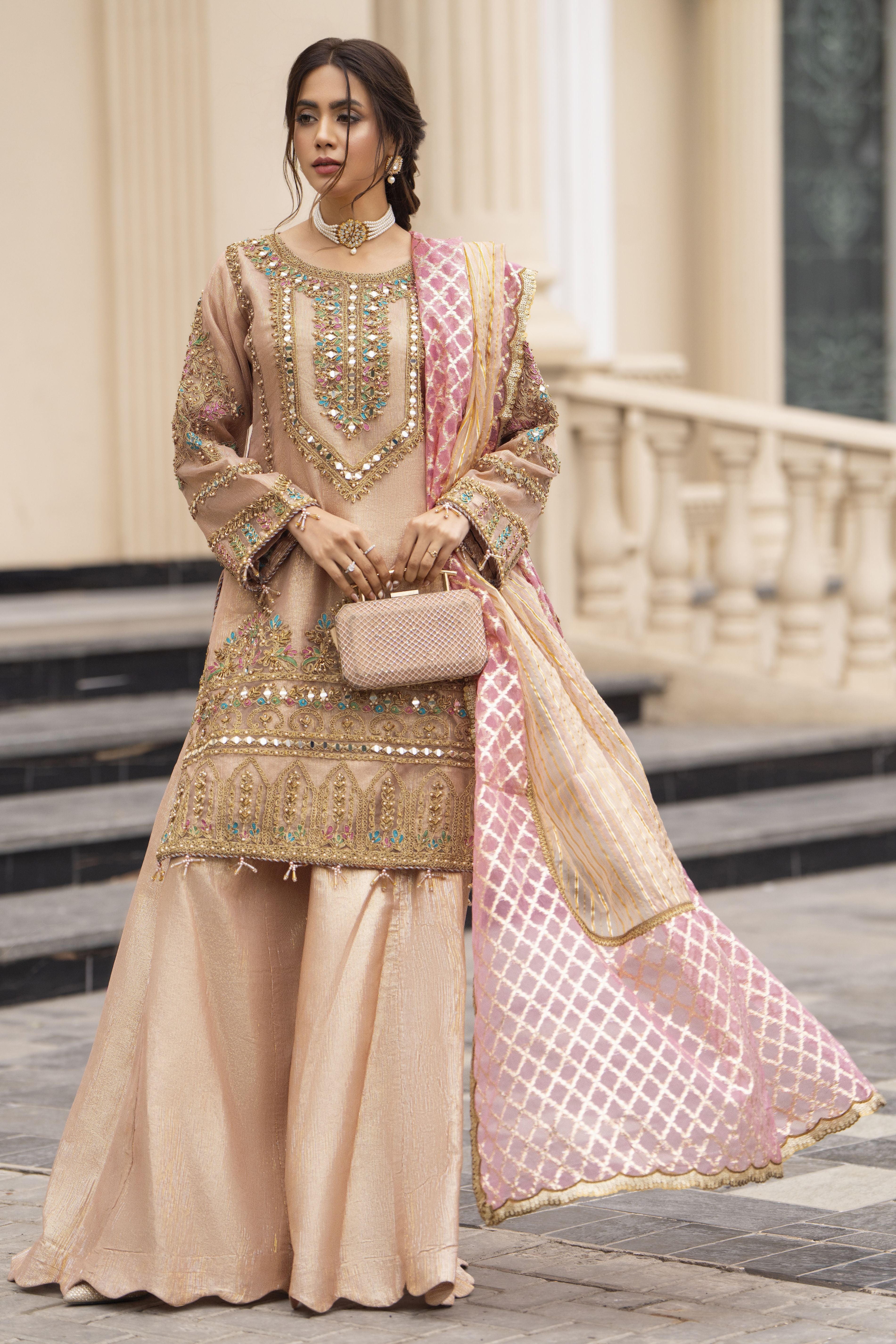Zaiwaraat by Arwah Organza Mirror Work Shirt with Kundan Masoori Sharara & Jacquard Dupatta ZWR06