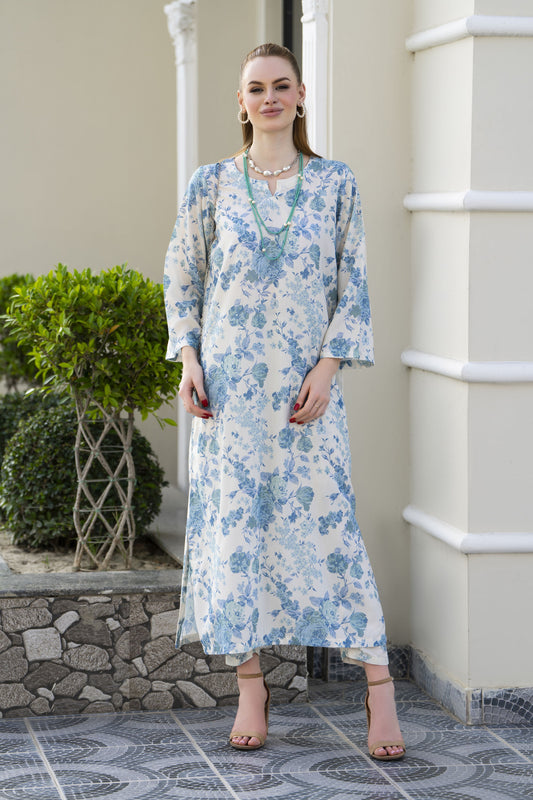 Sakeena Sheen Ivory & Blue Floral Printed Poly Raw Silk 2pc Kaftan – SHH2