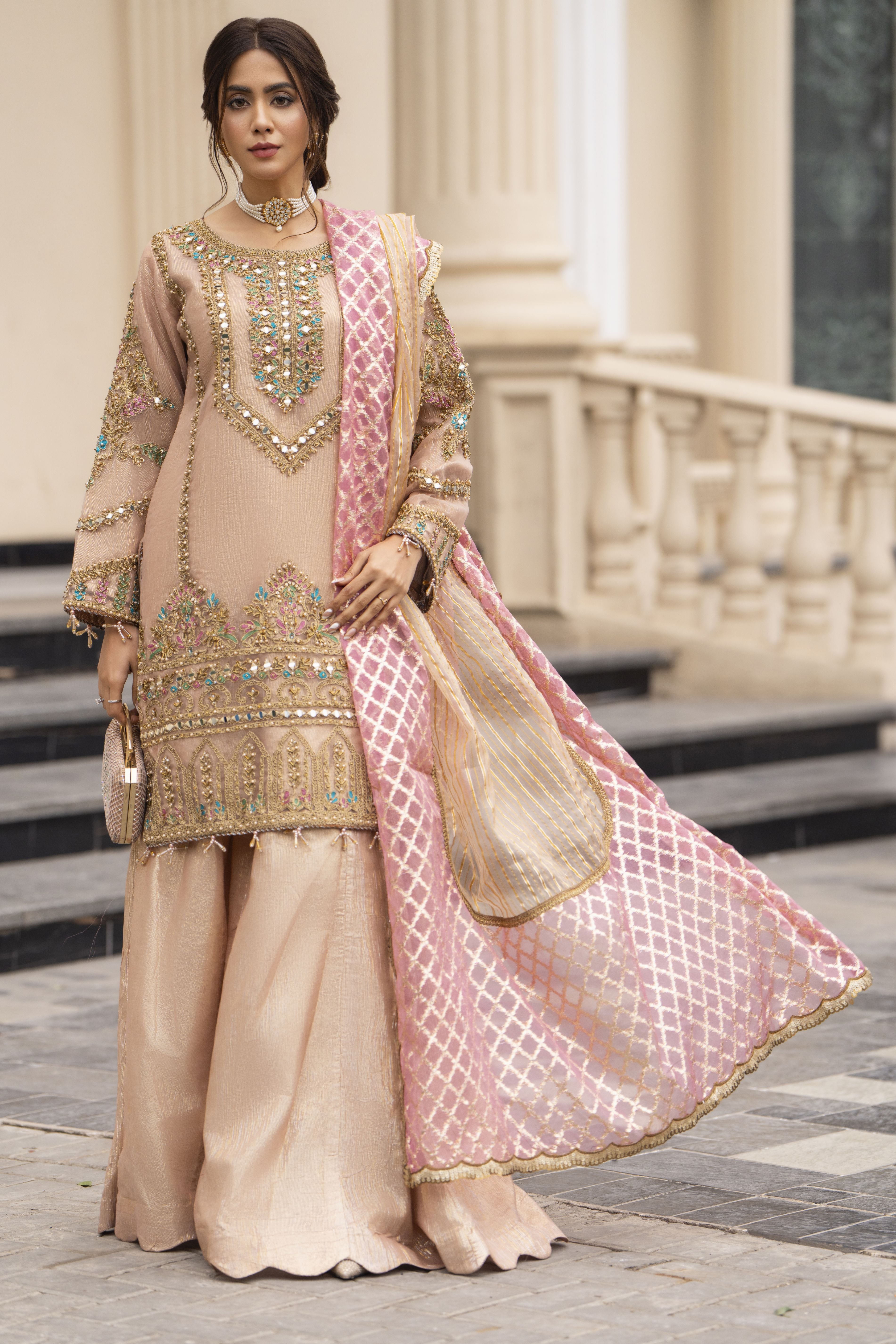 Zaiwaraat by Arwah Organza Mirror Work Shirt with Kundan Masoori Sharara & Jacquard Dupatta ZWR06