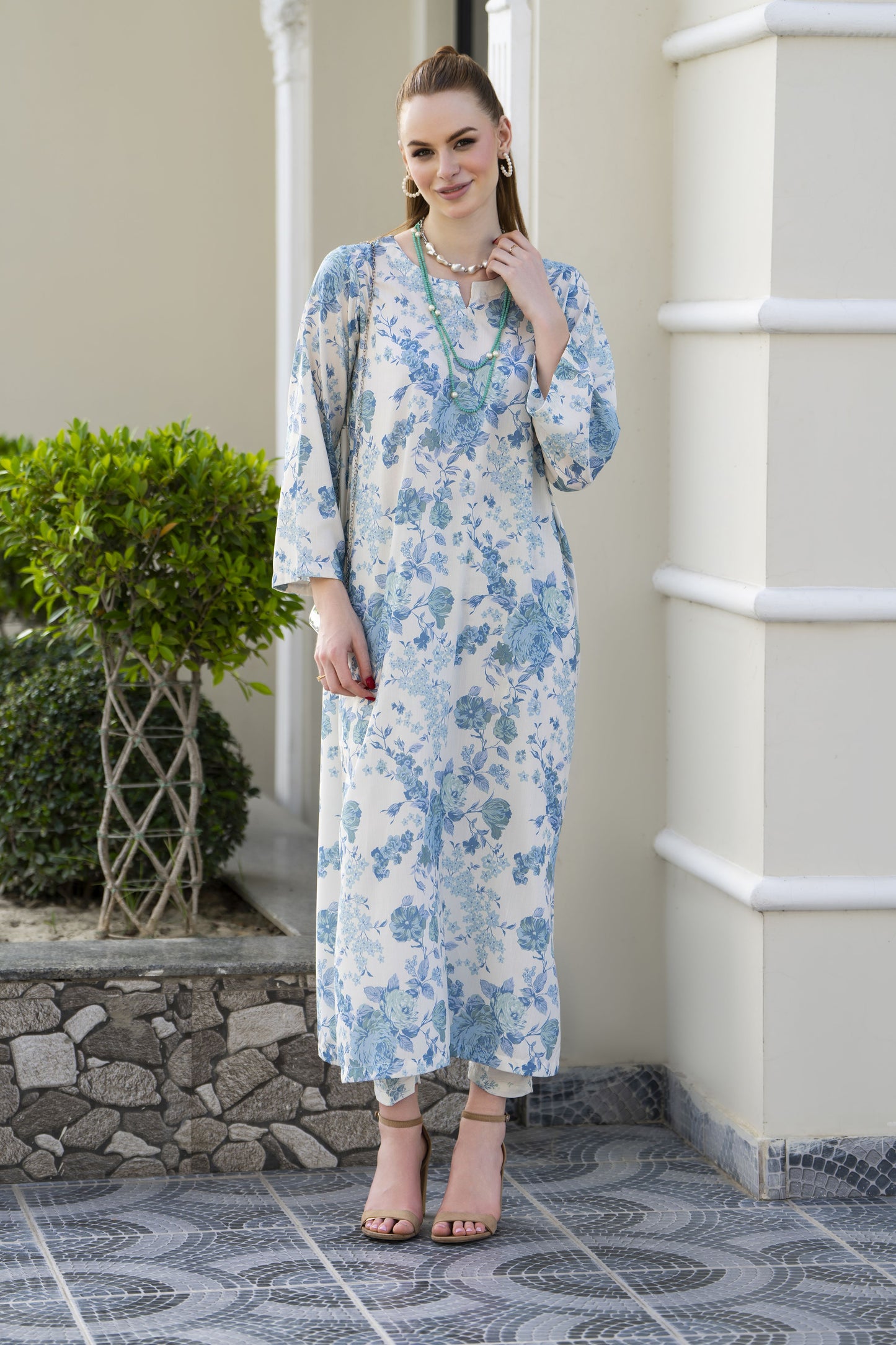 Sakeena Sheen Ivory & Blue Floral Printed Poly Raw Silk 2pc Kaftan – SHH2