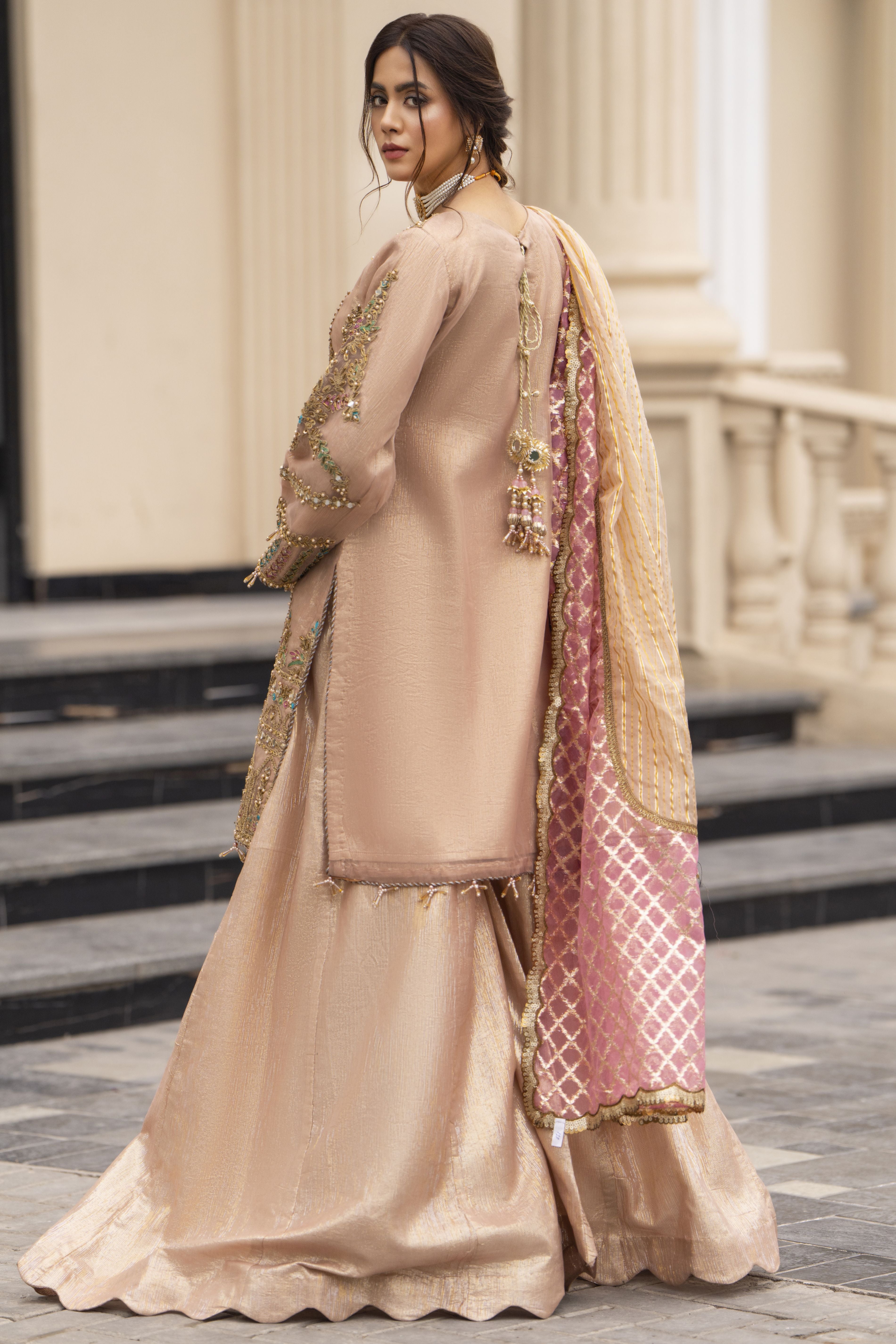Zaiwaraat by Arwah Organza Mirror Work Shirt with Kundan Masoori Sharara & Jacquard Dupatta ZWR06