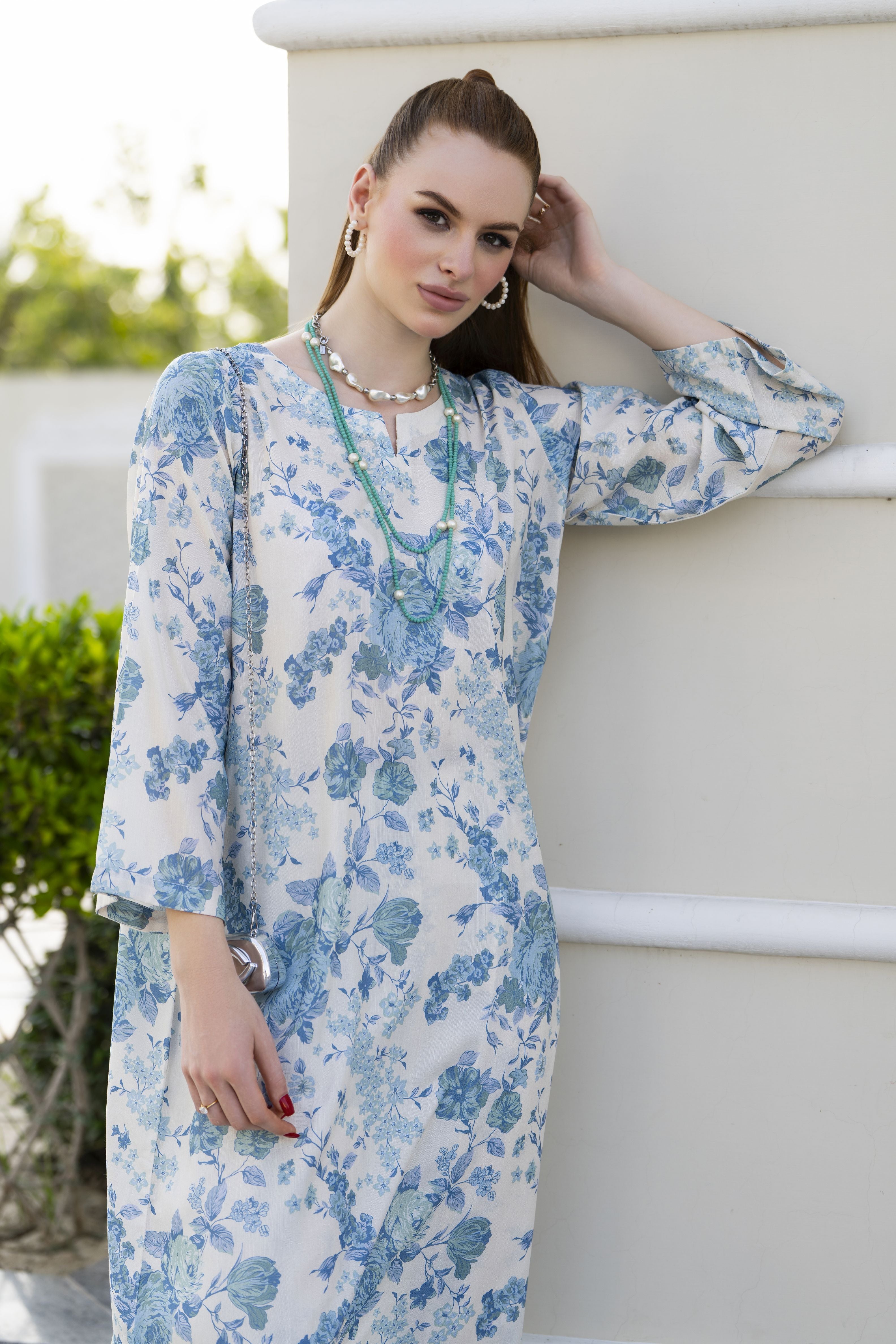 Sakeena Sheen Ivory & Blue Floral Printed Poly Raw Silk 2pc Kaftan – SHH2