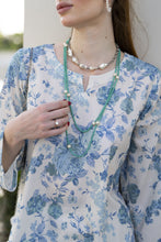 Sakeena Sheen Ivory & Blue Floral Printed Poly Raw Silk 2pc Kaftan – SHH2