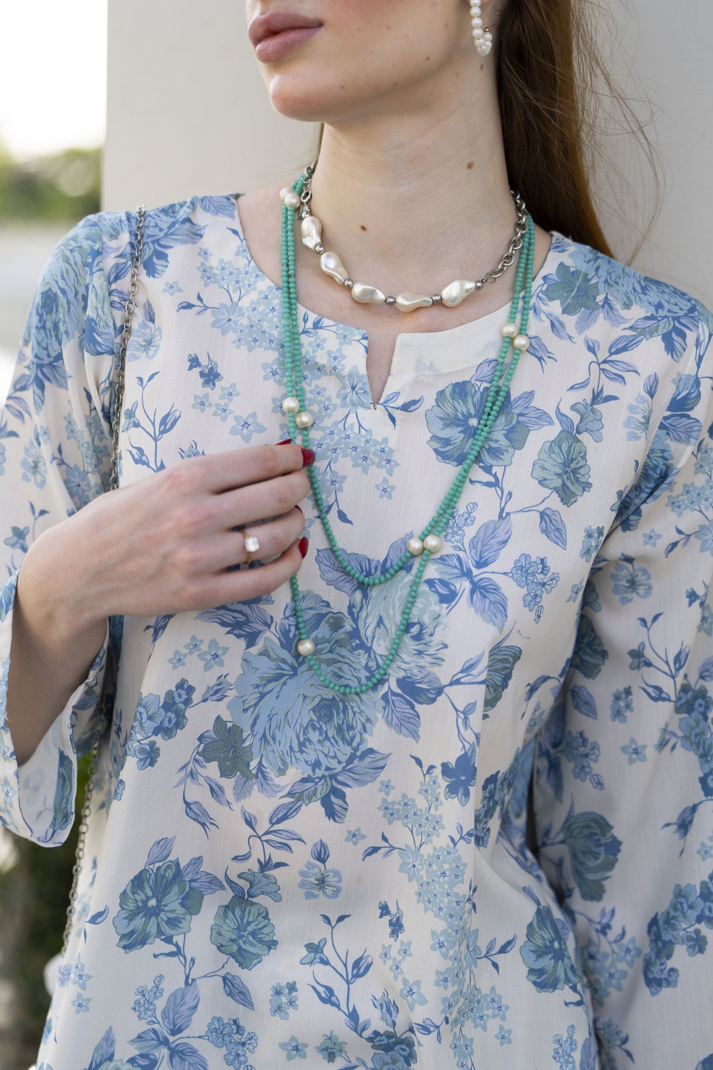 Sakeena Sheen Ivory & Blue Floral Printed Poly Raw Silk 2pc Kaftan – SHH2