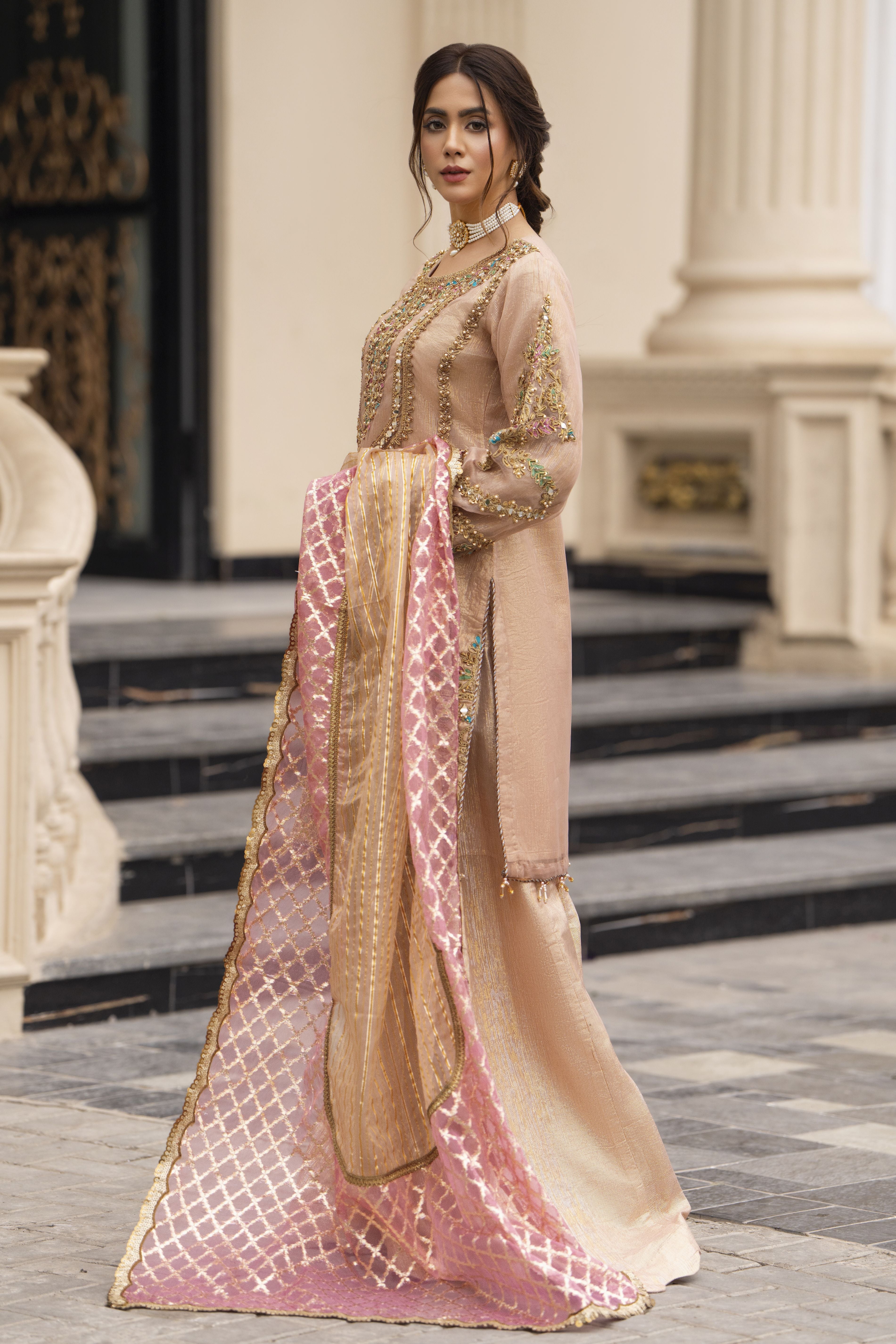 Zaiwaraat by Arwah Organza Mirror Work Shirt with Kundan Masoori Sharara & Jacquard Dupatta ZWR06