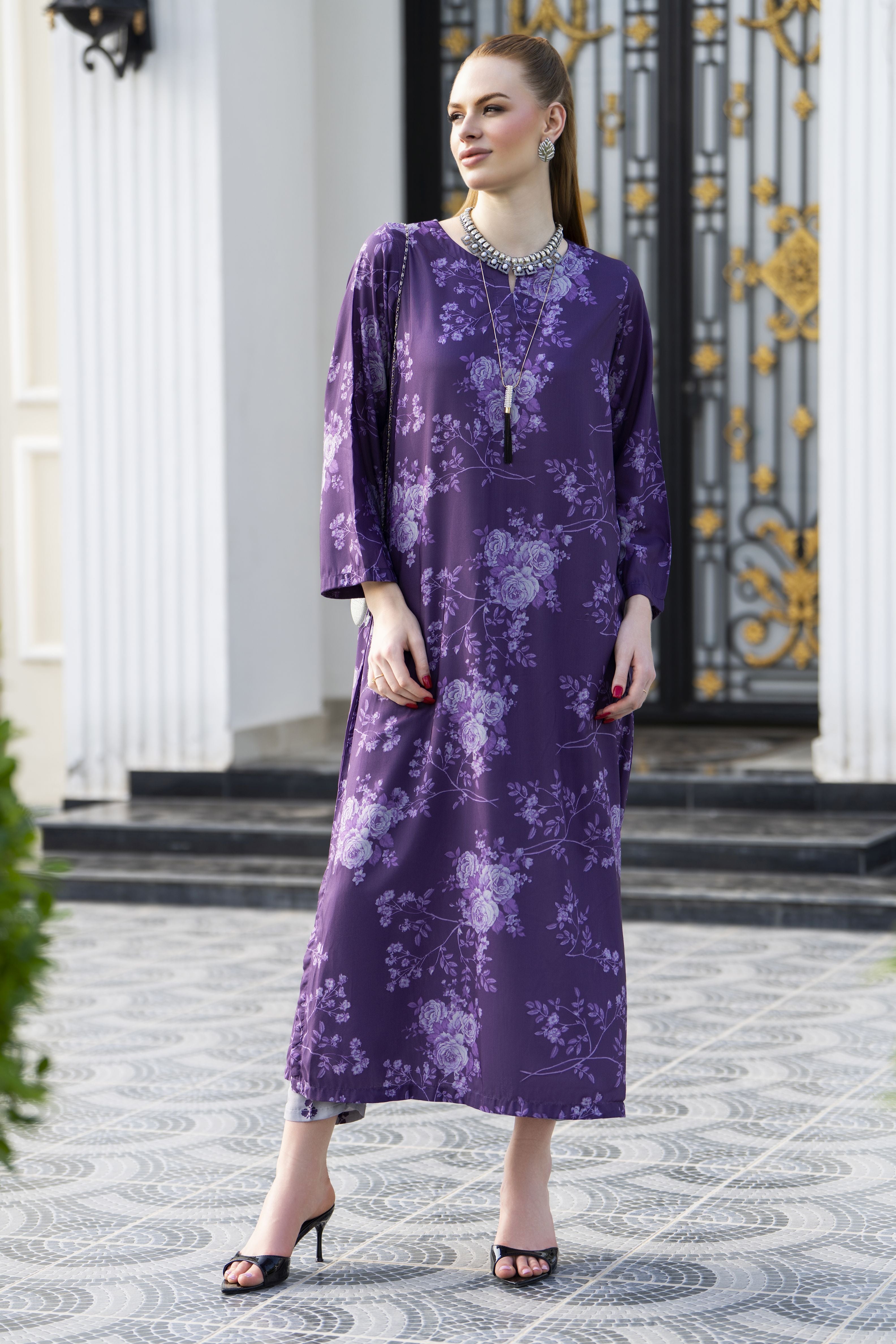 Sakeena Sheen Purple Floral Printed Poly Raw Silk 2pc Kaftan – SHH3
