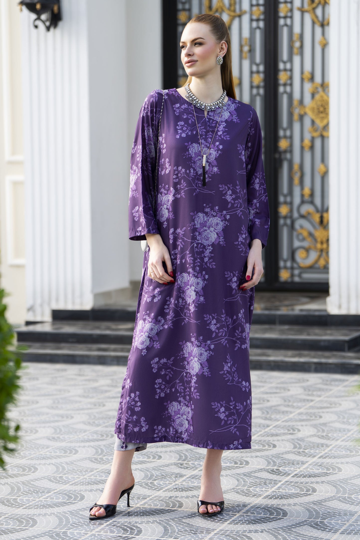 Sakeena Sheen Purple Floral Printed Poly Raw Silk 2pc Kaftan – SHH3