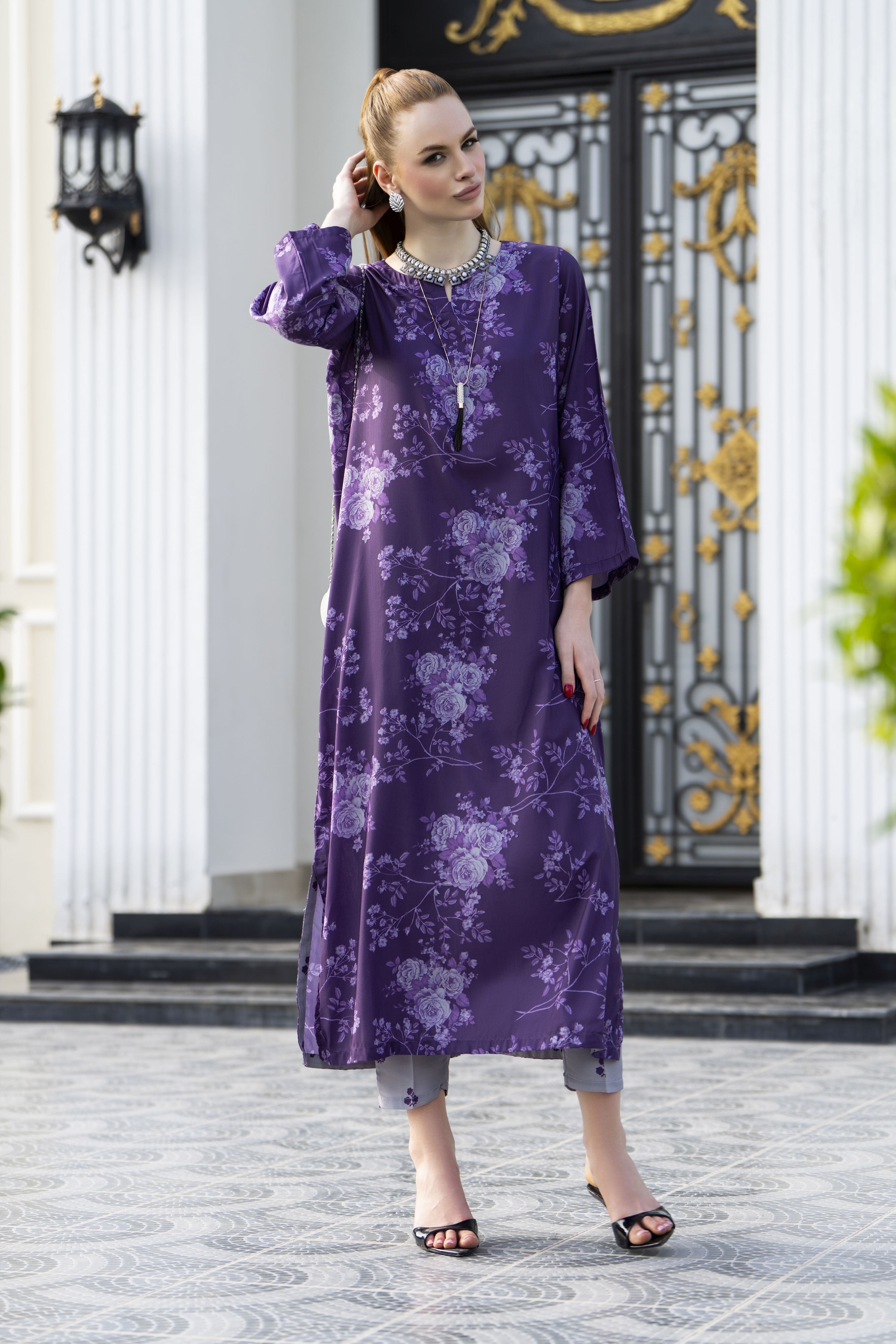 Sakeena Sheen Purple Floral Printed Poly Raw Silk 2pc Kaftan – SHH3