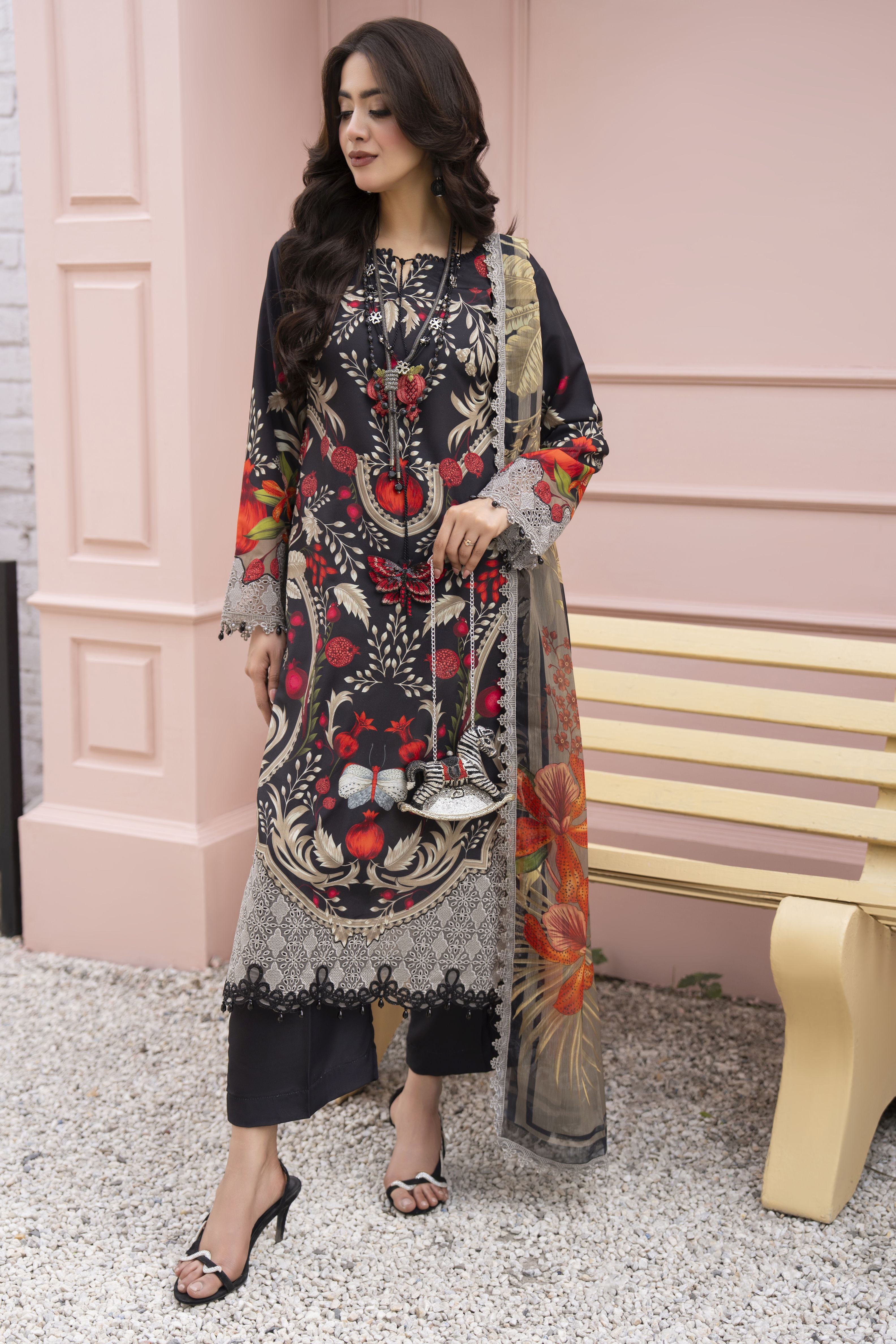 3pc Printed & Chikankari Embroidered Lawn Suit with Chiffon Dupatta RES7