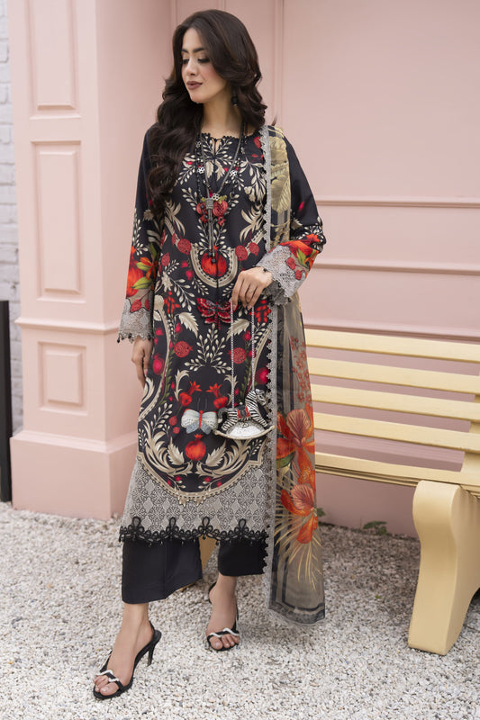3pc Printed & Chikankari Embroidered Lawn Suit with Chiffon Dupatta RES7