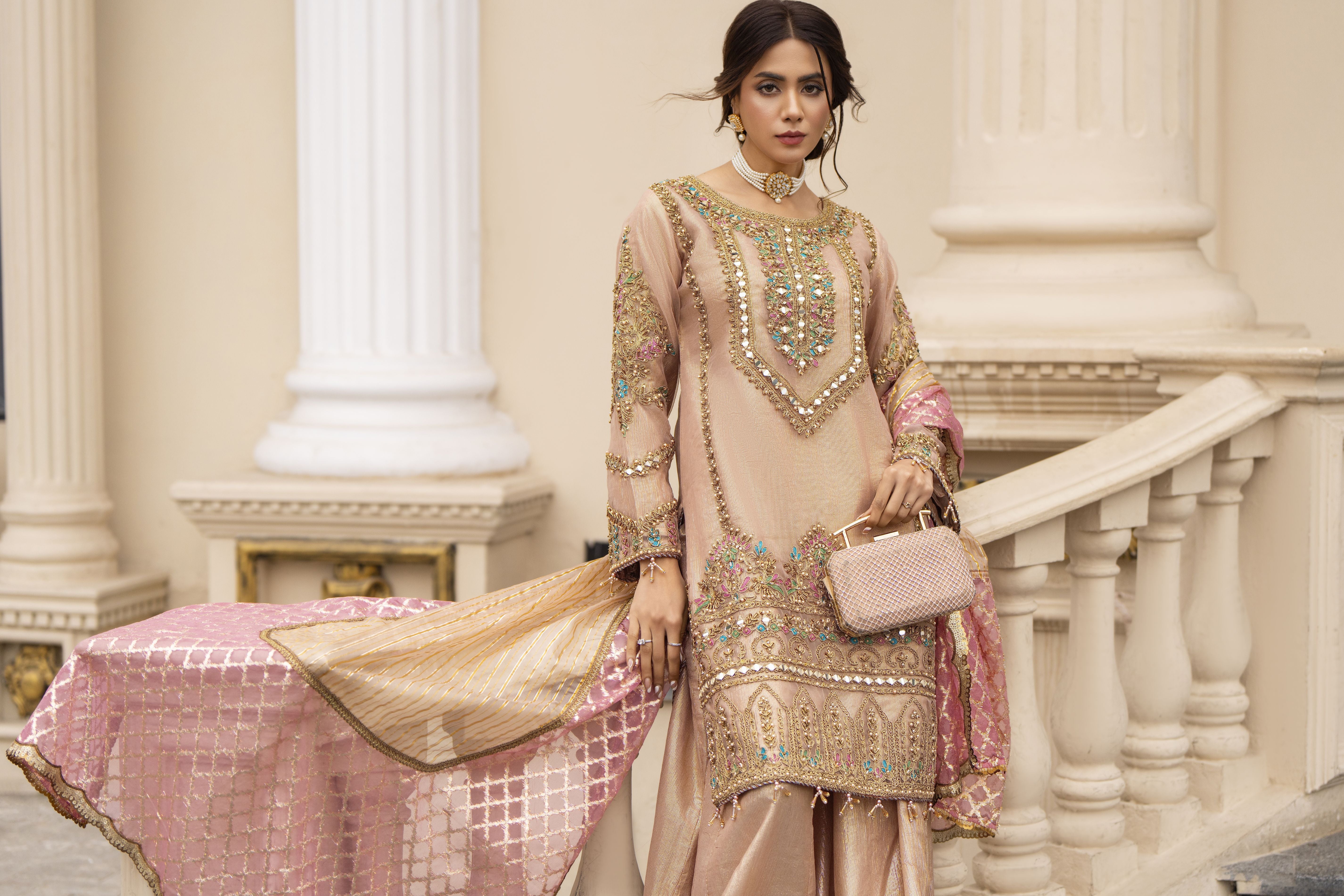 Zaiwaraat by Arwah Organza Mirror Work Shirt with Kundan Masoori Sharara & Jacquard Dupatta ZWR06