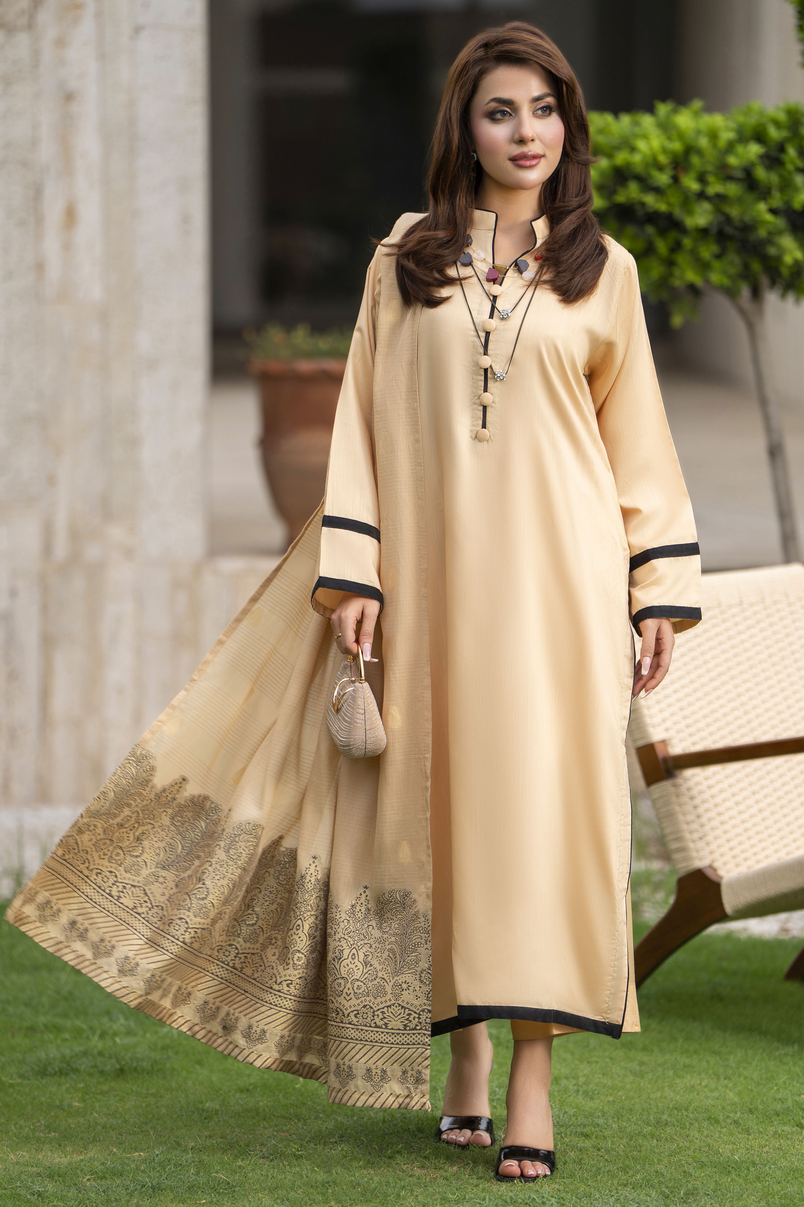 Aleezay 3pc Beige Viscose Suit with Jacquard Dupatta – JAL1