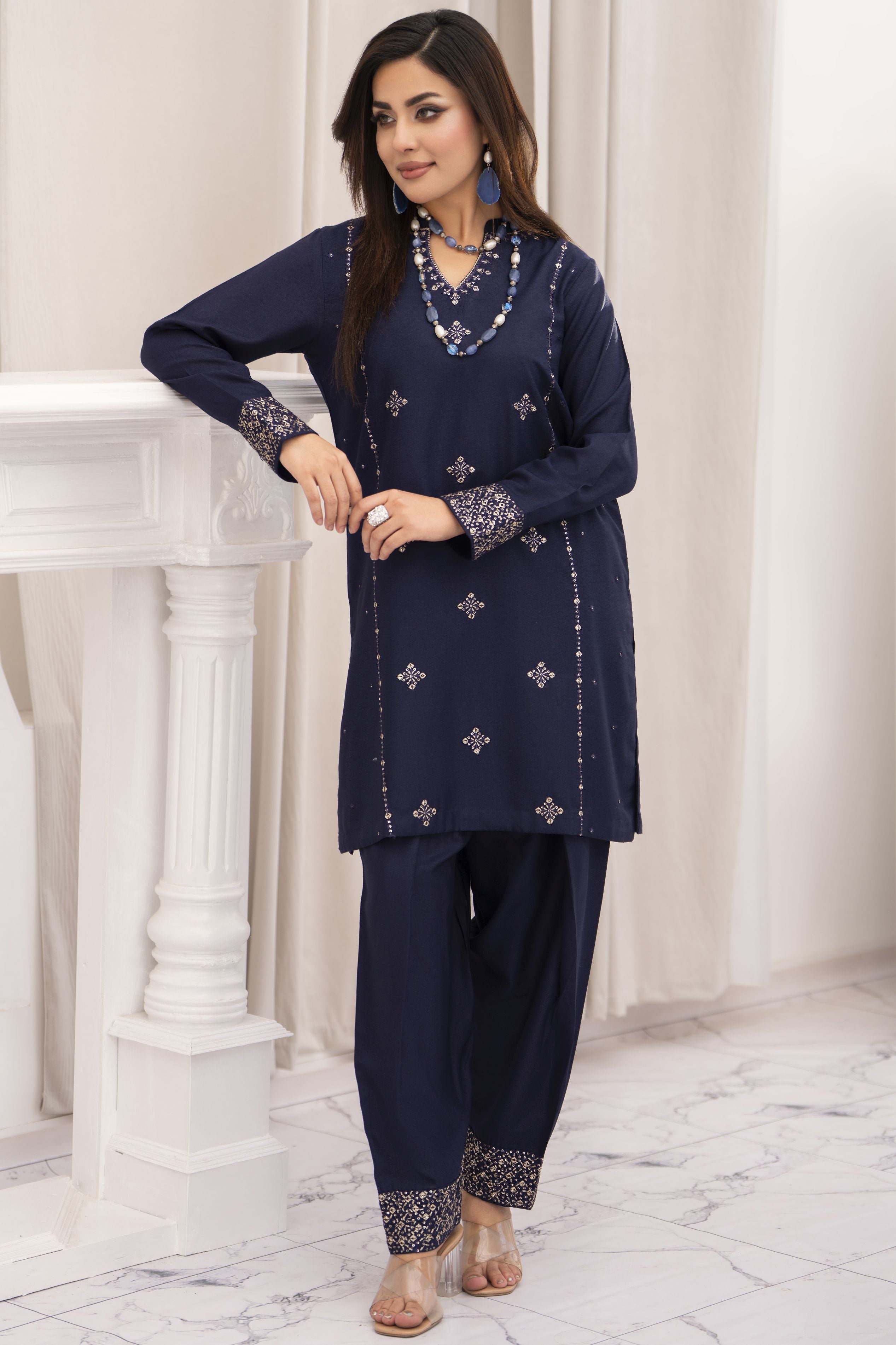 Miski FrostFit – Navy Embroidered Dhanak 2pc Pakistani Dress FFM6
