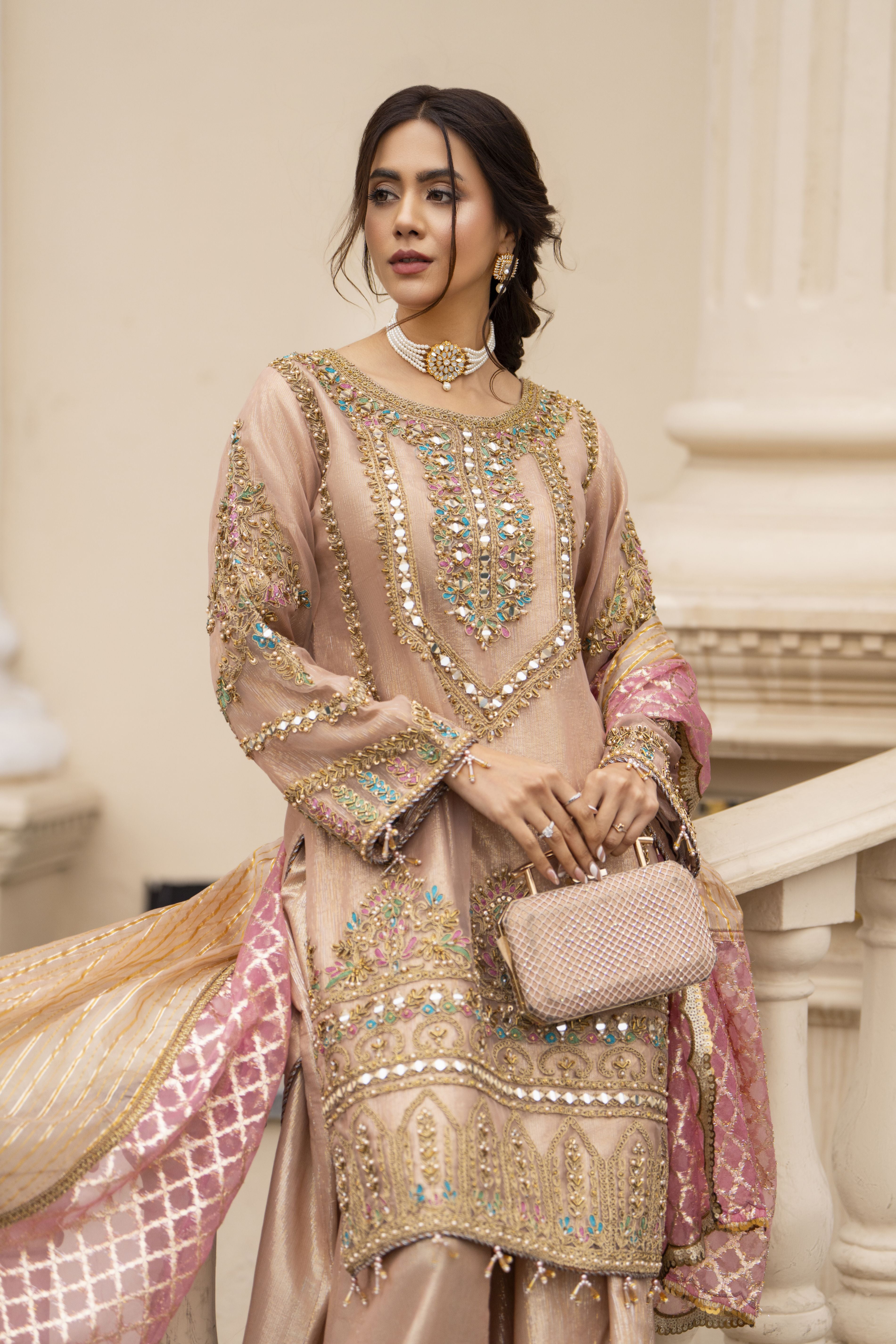 Zaiwaraat by Arwah Organza Mirror Work Shirt with Kundan Masoori Sharara & Jacquard Dupatta ZWR06