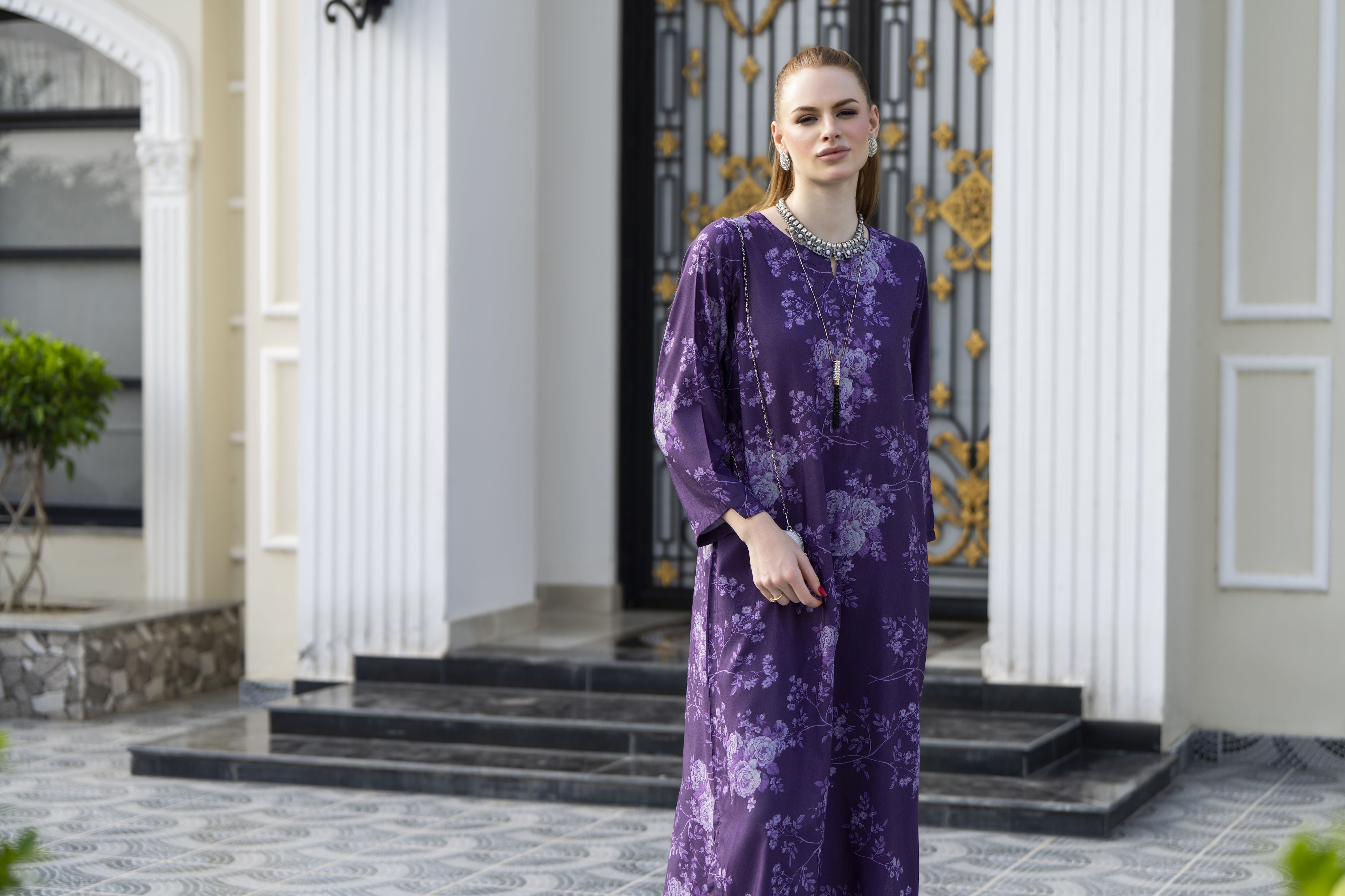 Sakeena Sheen Purple Floral Printed Poly Raw Silk 2pc Kaftan – SHH3