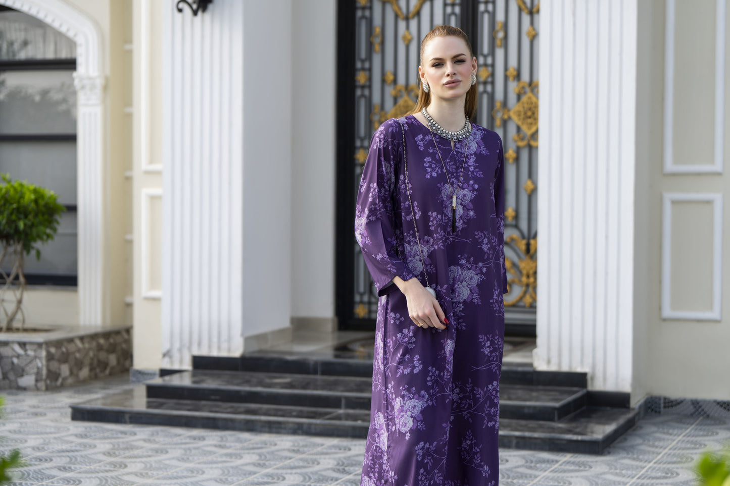 Sakeena Sheen Purple Floral Printed Poly Raw Silk 2pc Kaftan – SHH3