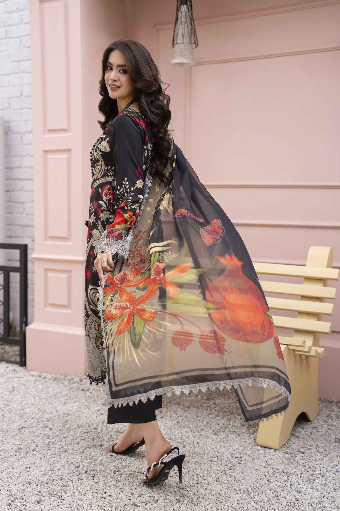 3pc Printed & Chikankari Embroidered Lawn Suit with Chiffon Dupatta RES7